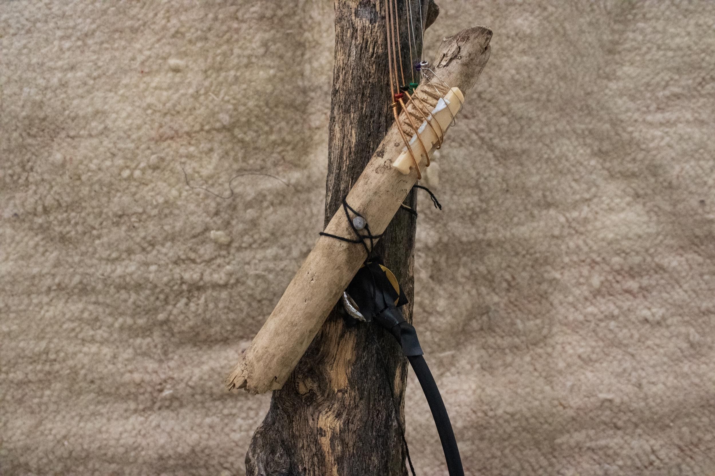 Branch Instrument, handmade with tree branch, guitar parts, cotton thread and contact microphone