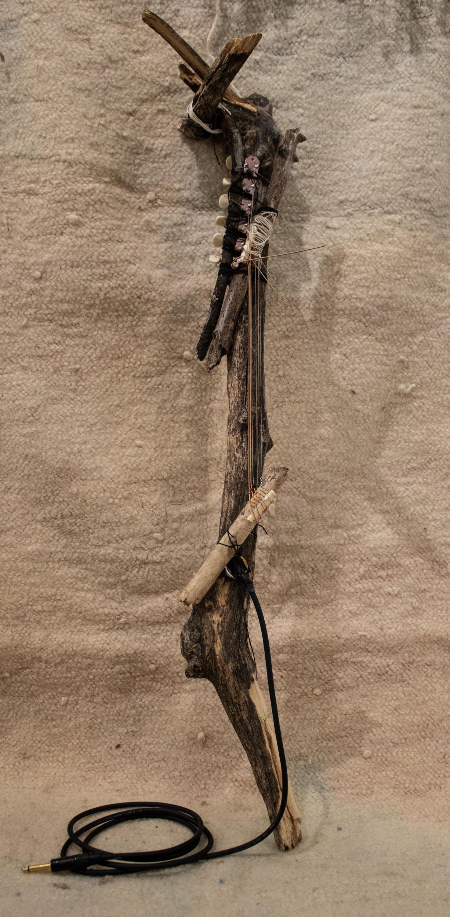 Branch Instrument, handmade with tree branch, guitar parts, cotton thread and contact microphone
