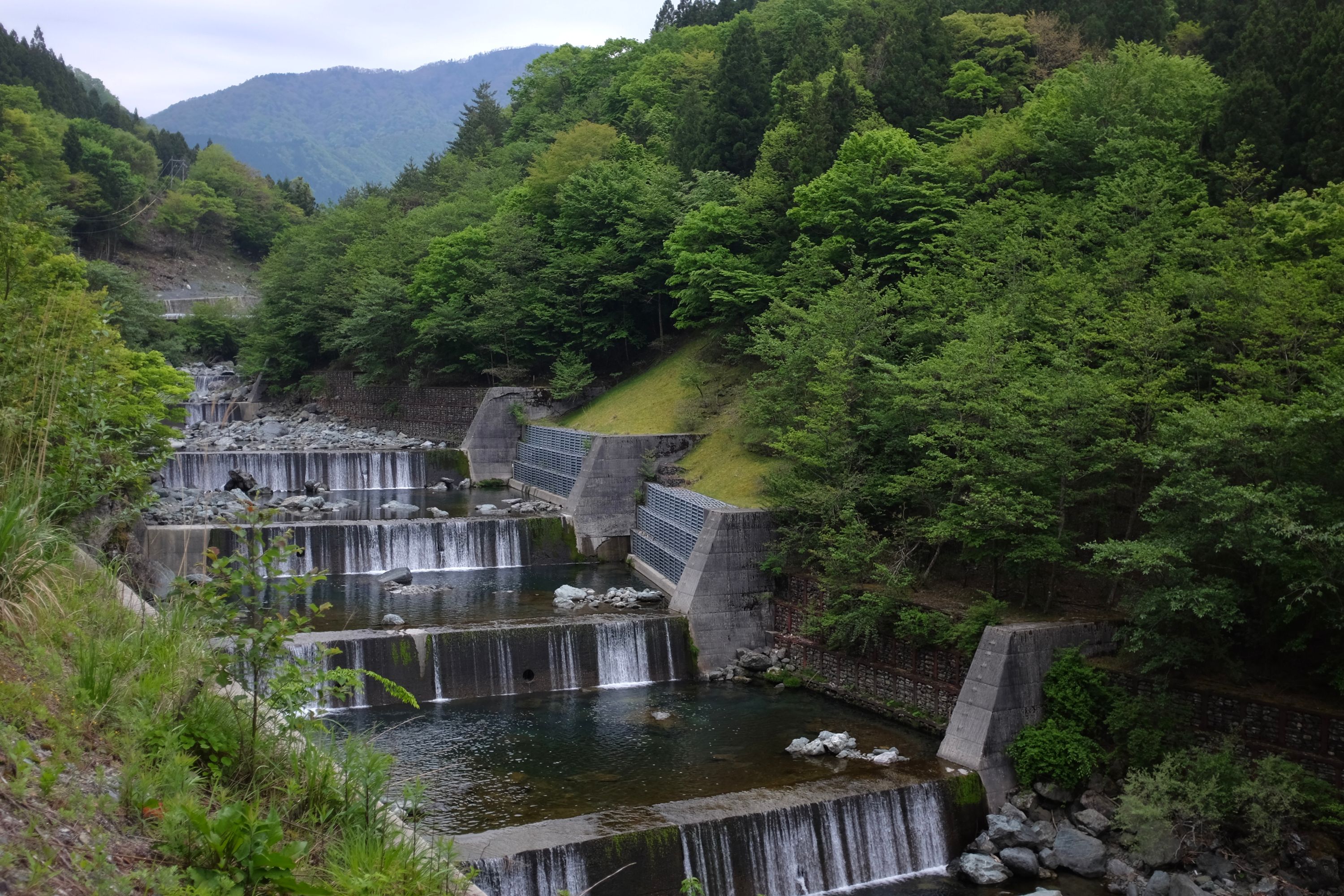 A cascade of weirs on a mountain river.