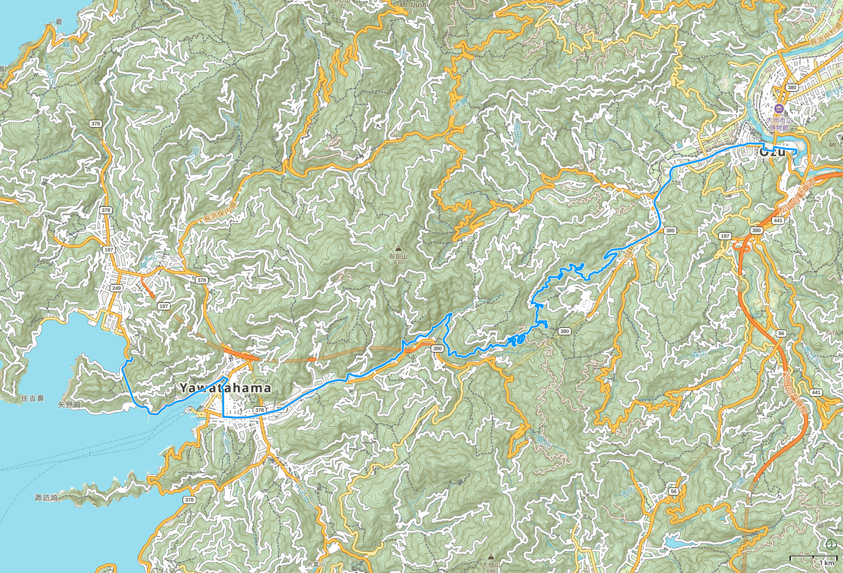 Map of Ehime Prefecture with author’s route between Ōzu and Honai highlighted.