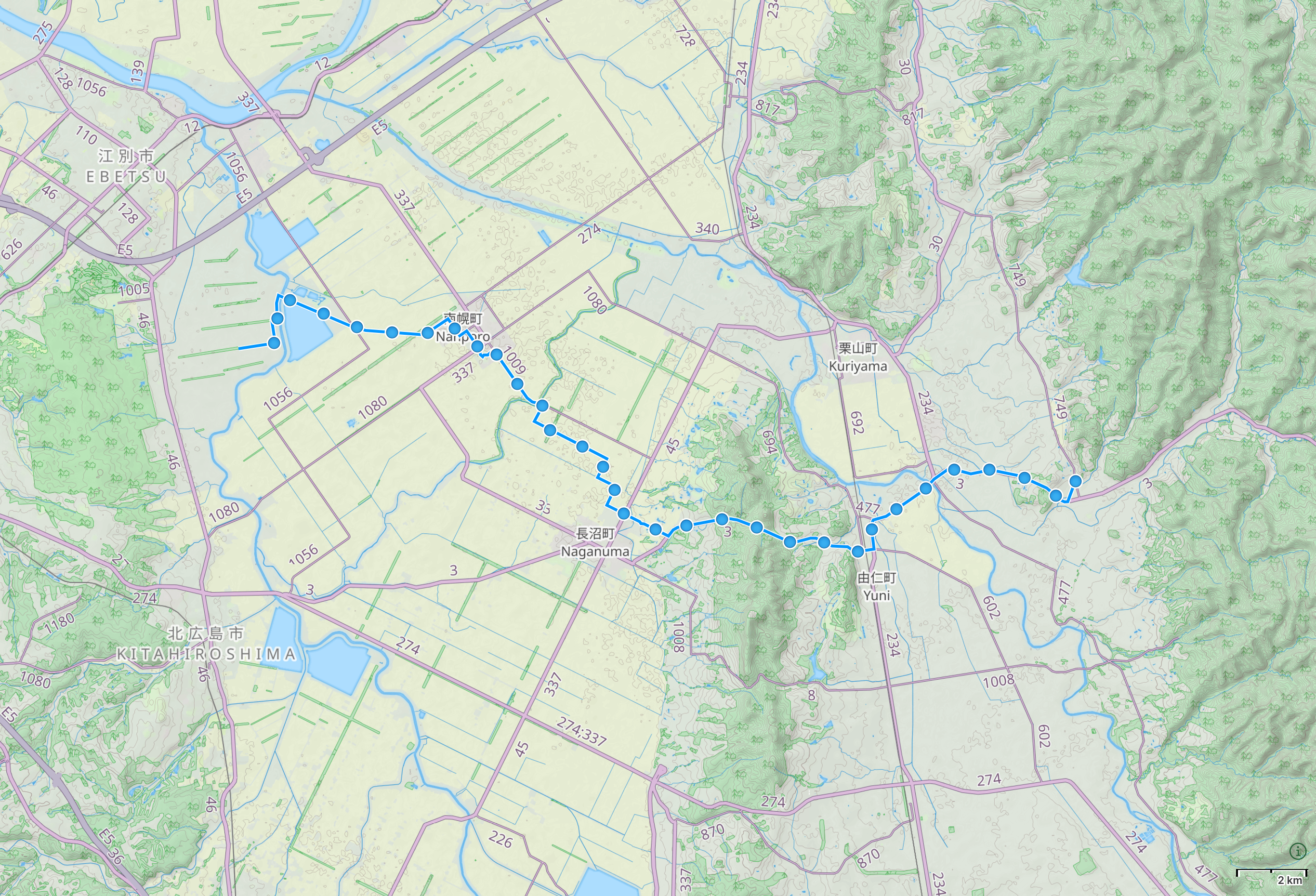 Map of Hokkaido with author’s route from Nopporo, Ebetsu to Kuriyama highlighted.