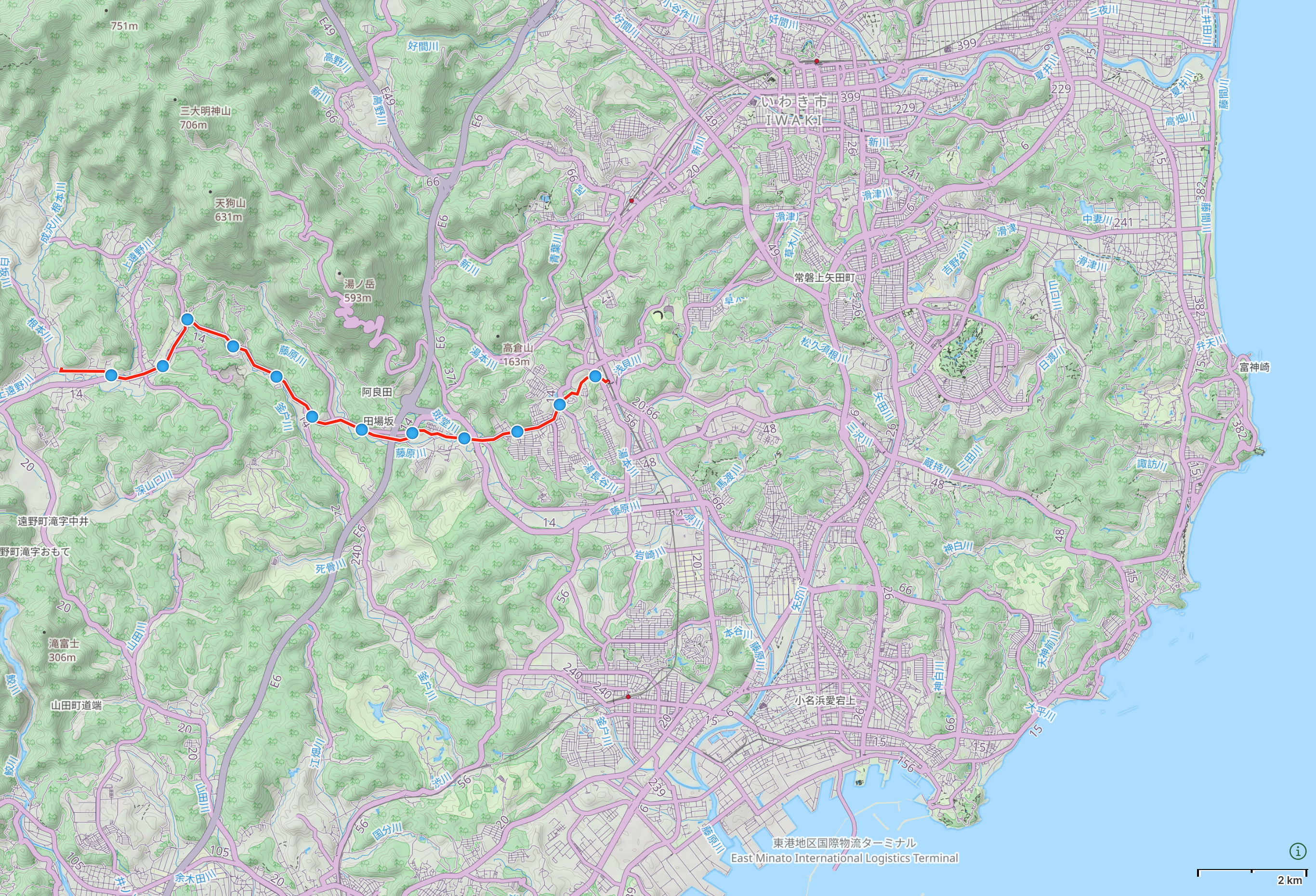 Map of Fukushima with author’s route from Tōno to Iwaki highlighted.