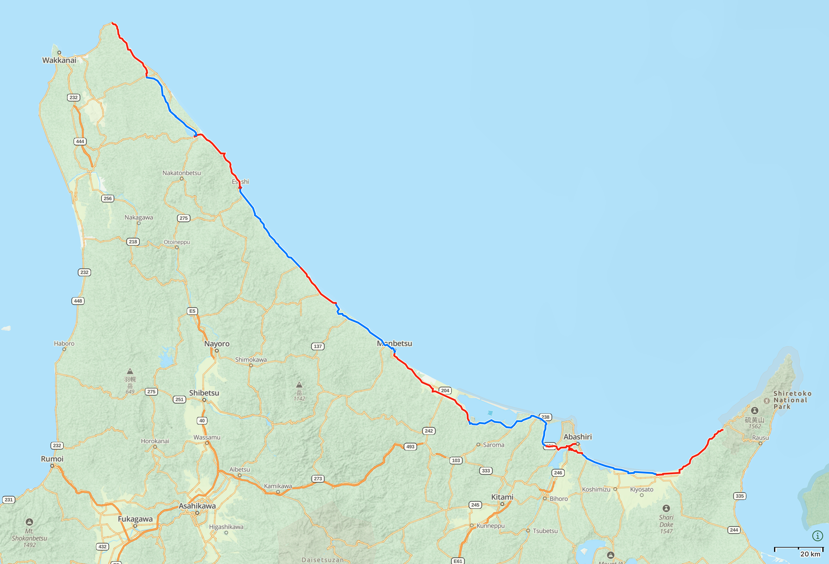 Map of Northern Hokkaido with author’s route from Utoro to Cape Sōya highlighted.