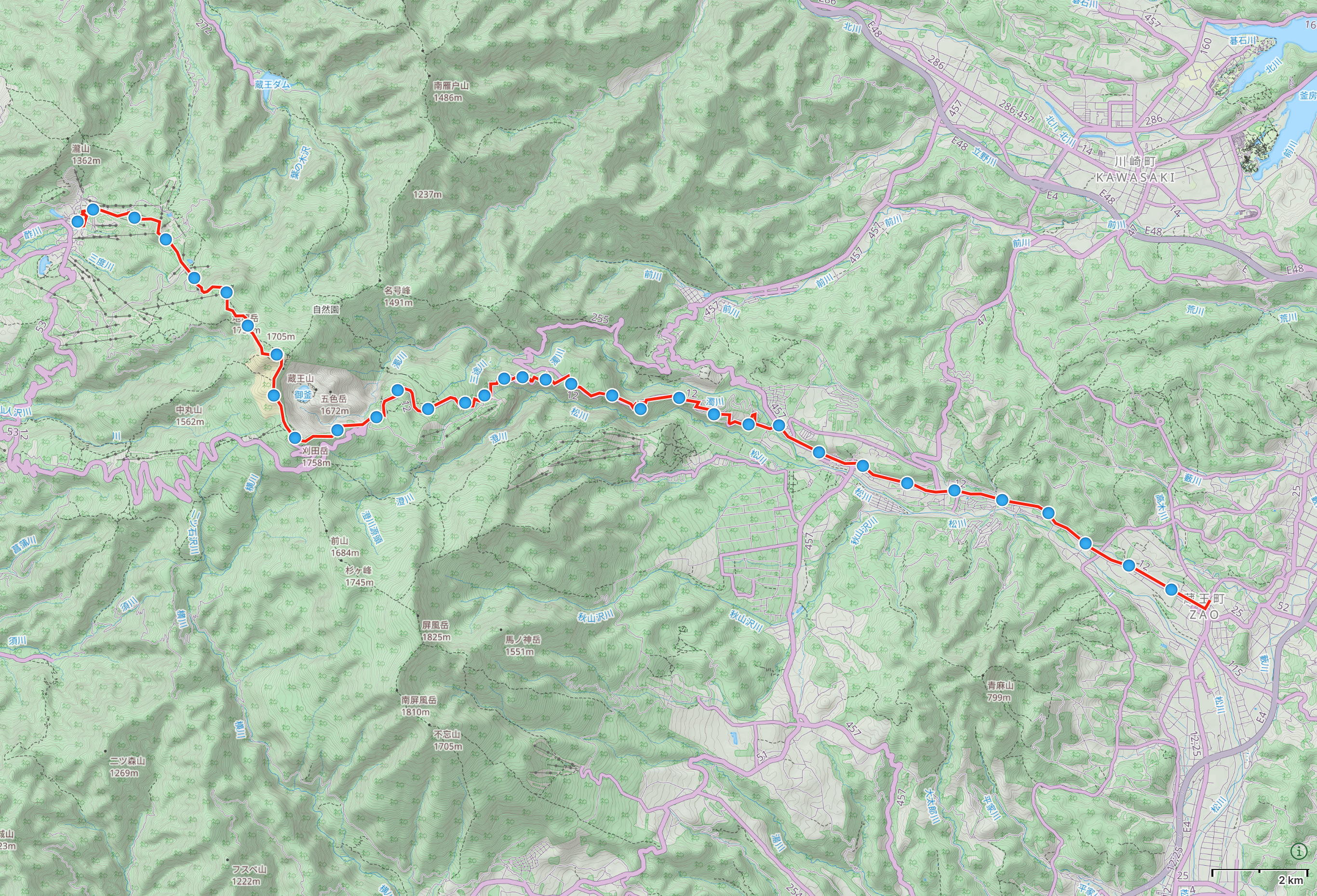 Map of Tōhoku prefecture with author’s route from Zaō, Miyagi to Zaō Hot Spring, Yamagata highlighted.