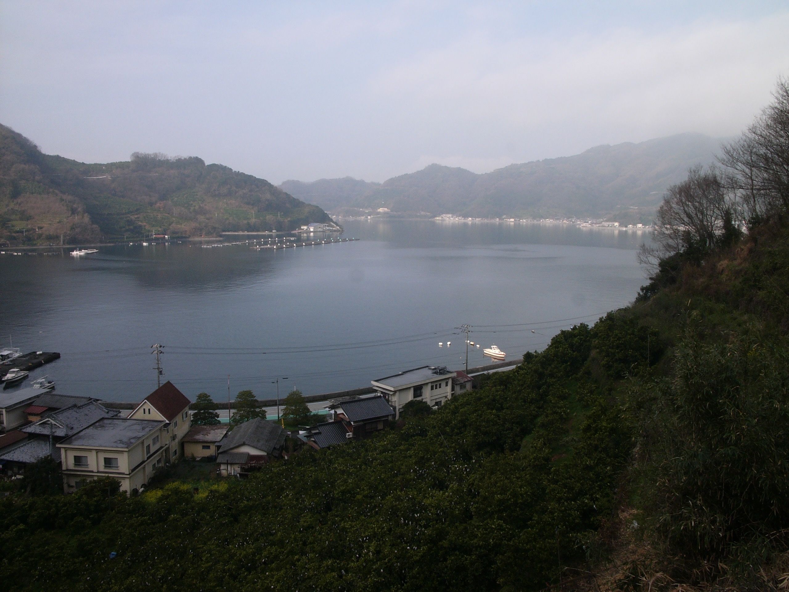 Panorama of a small bay surrounded by forested hills.