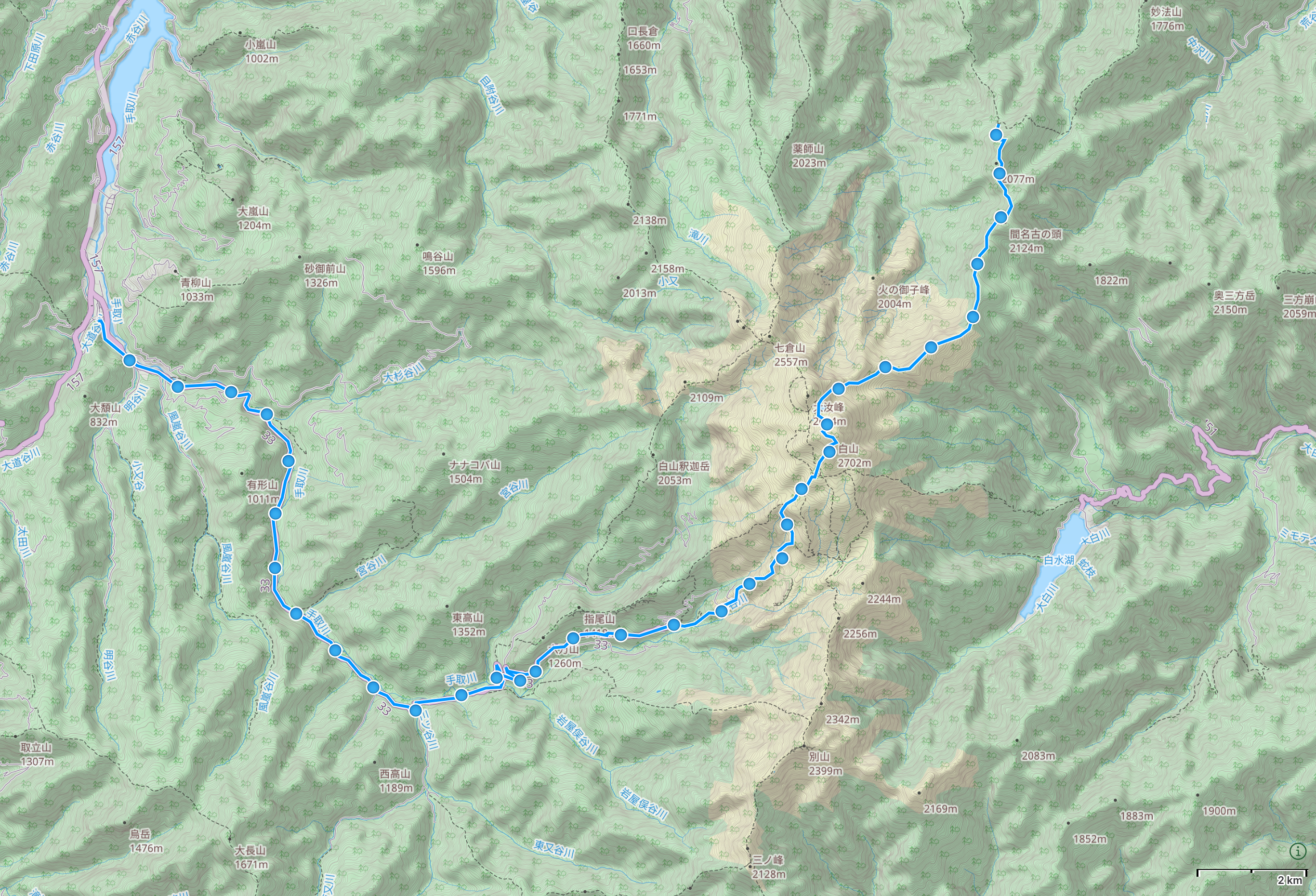 Map of the Hakusan region with author’s route across the mountain highlighted.