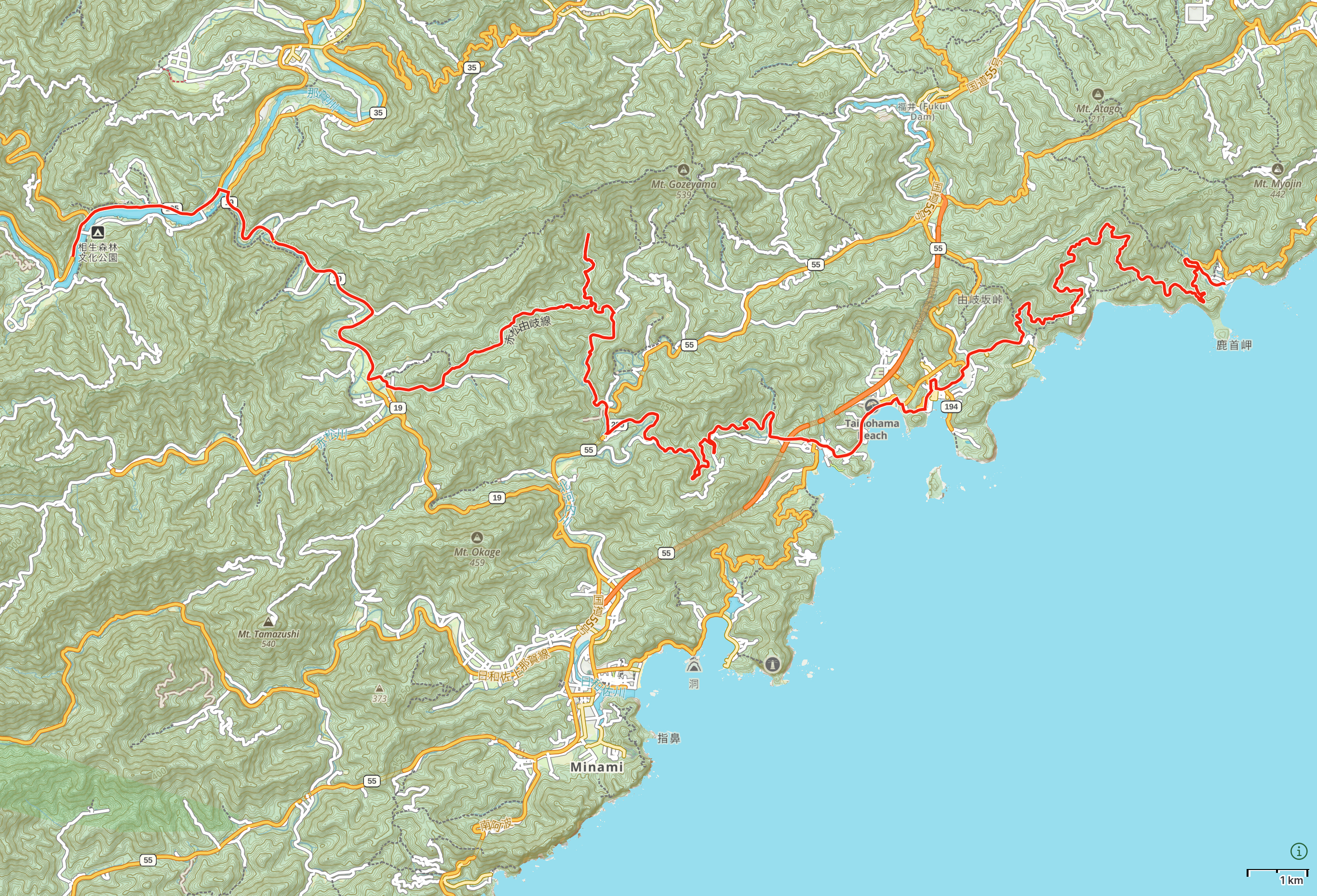 Map of Tokushima Prefecture with author’s route between Abu and Momijigawa Hot Spring highlighted.