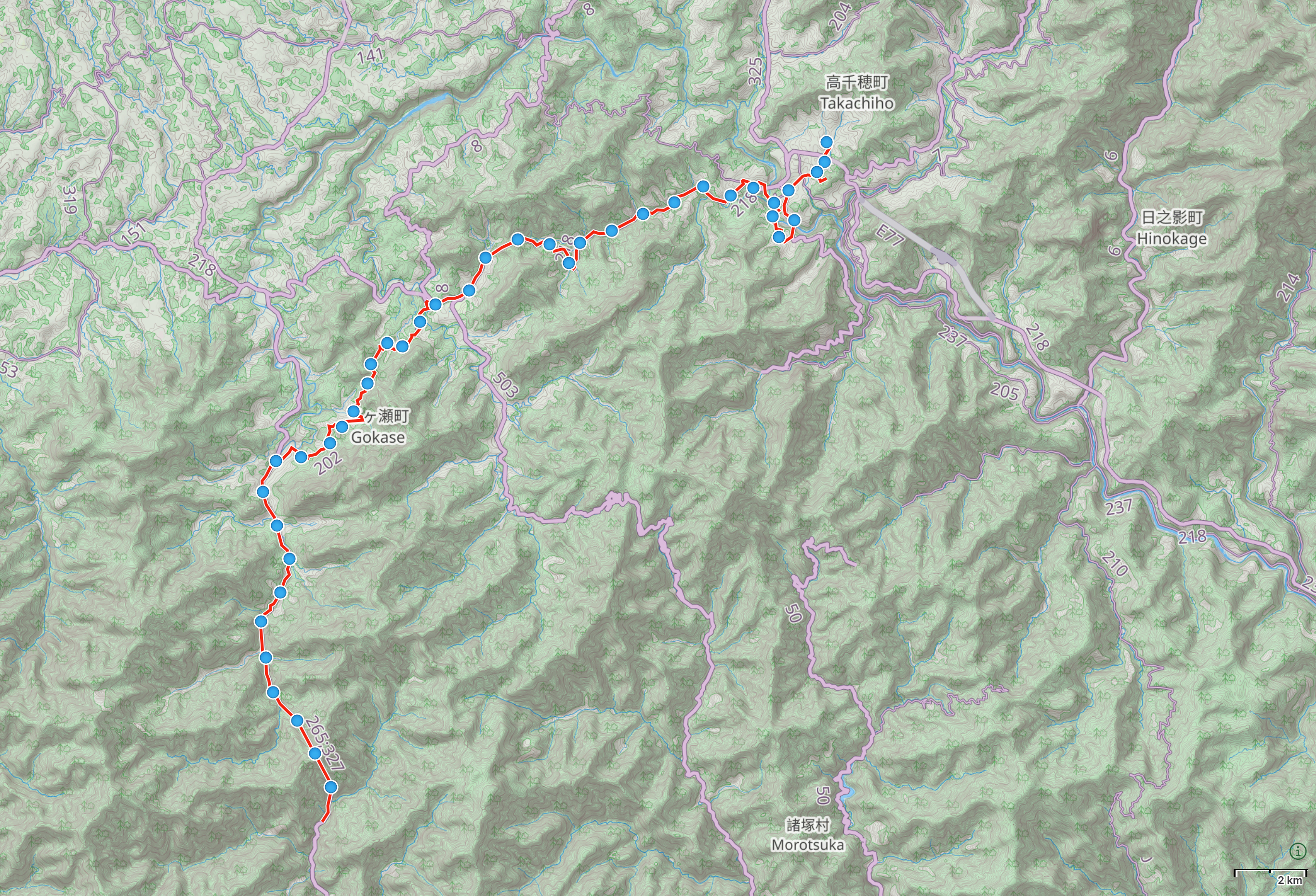 Map of Miyazaki with author’s route from Shiiba to Takachiho highlighted.