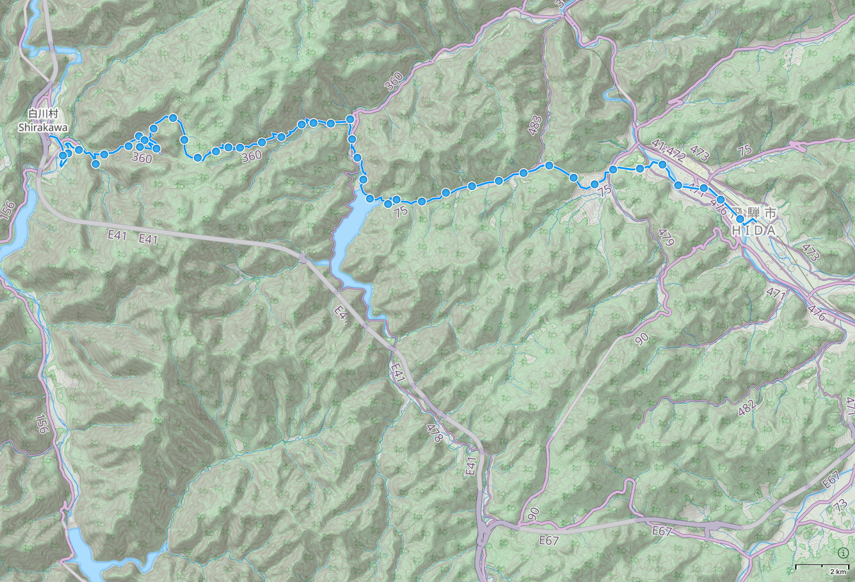 Map of Gifu Prefecture with author’s route from Ogimachi to Hida Furukawa highlighted.