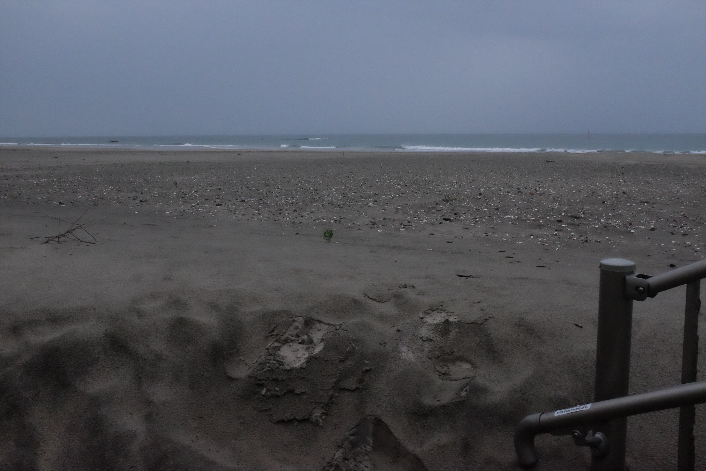 A grey, deserted beach.