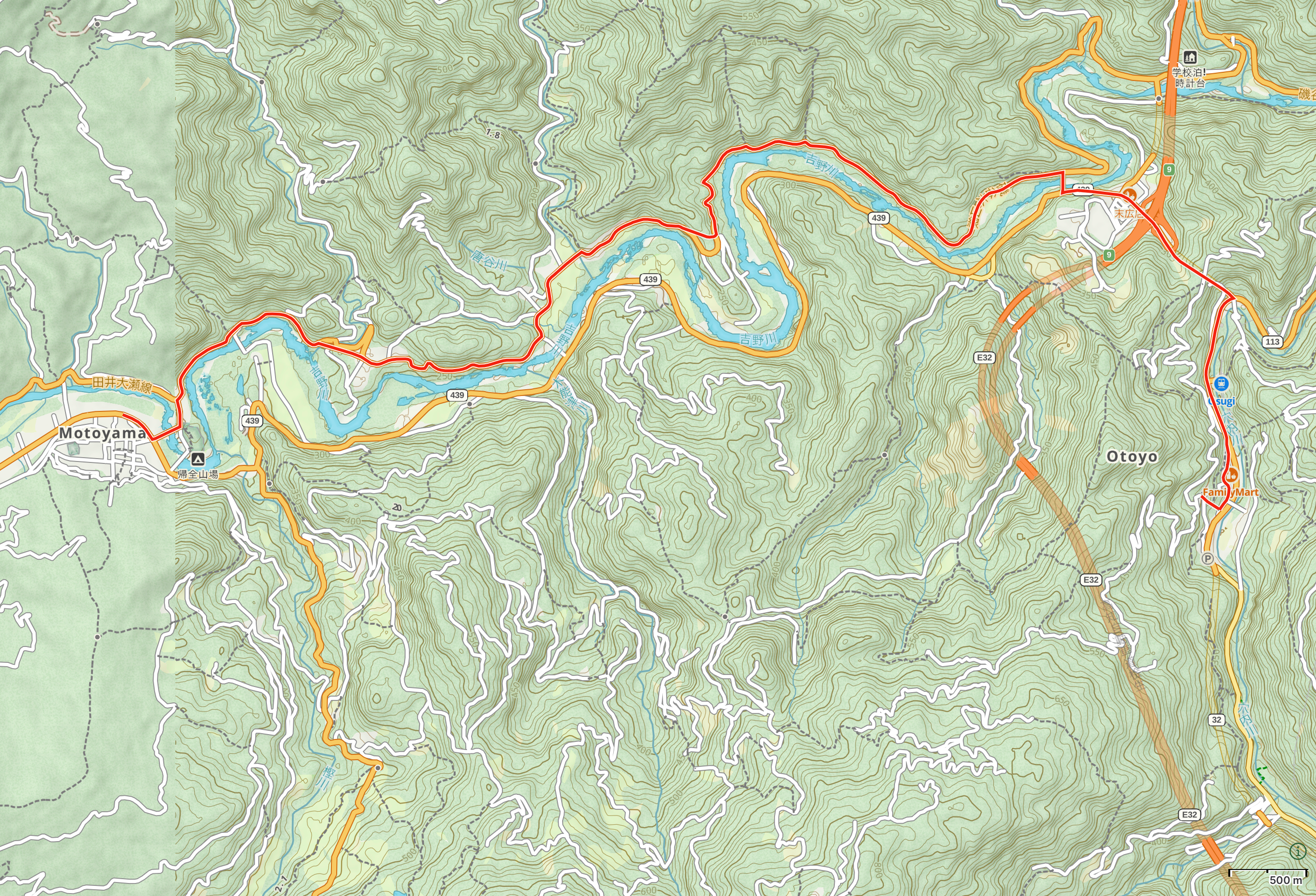 Map of Kōchi Prefecture with author’s route between Ōsugi and Tosa highlighted.