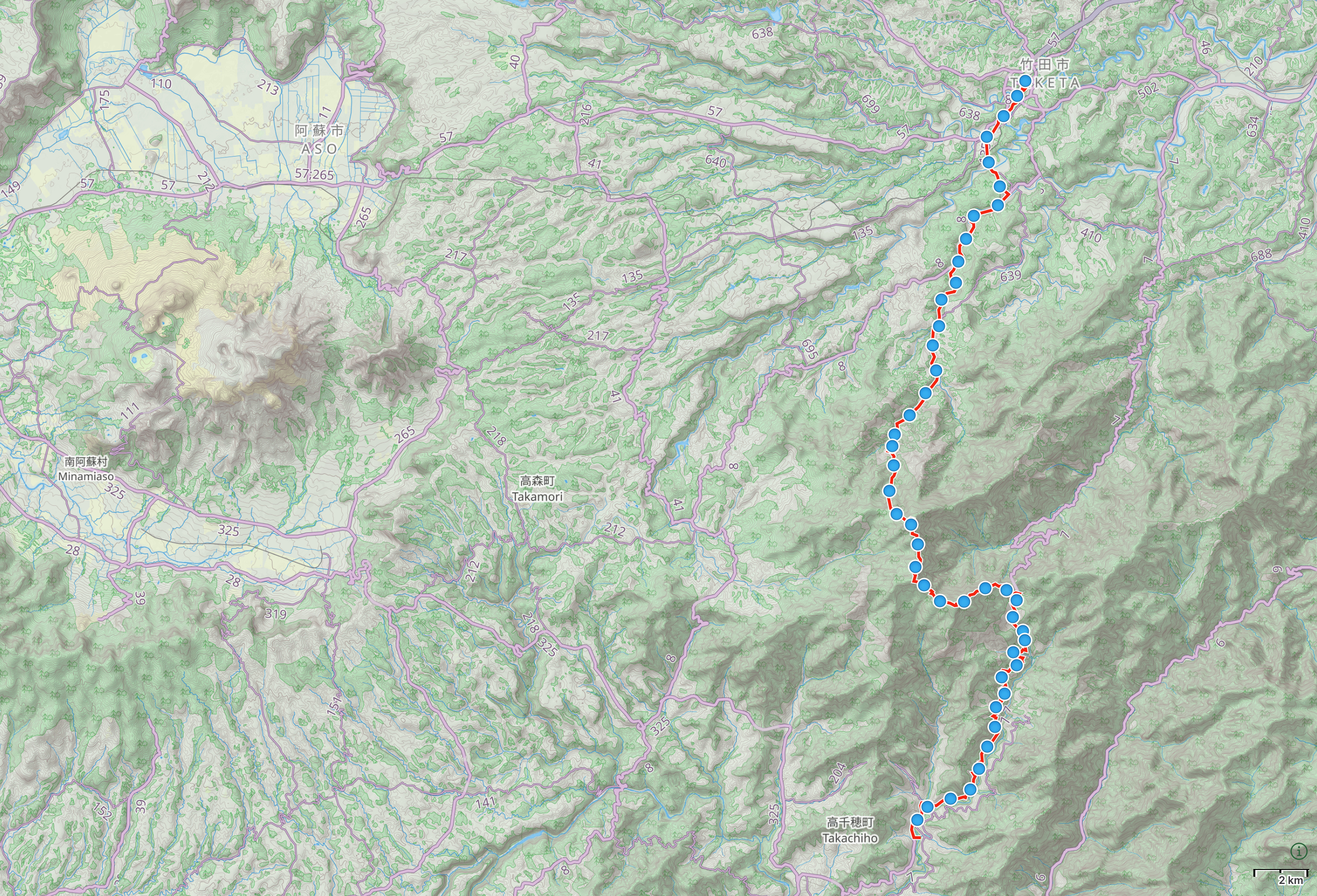 Map of Northeast Kyushu with author’s route across Mount Sobo highlighted.