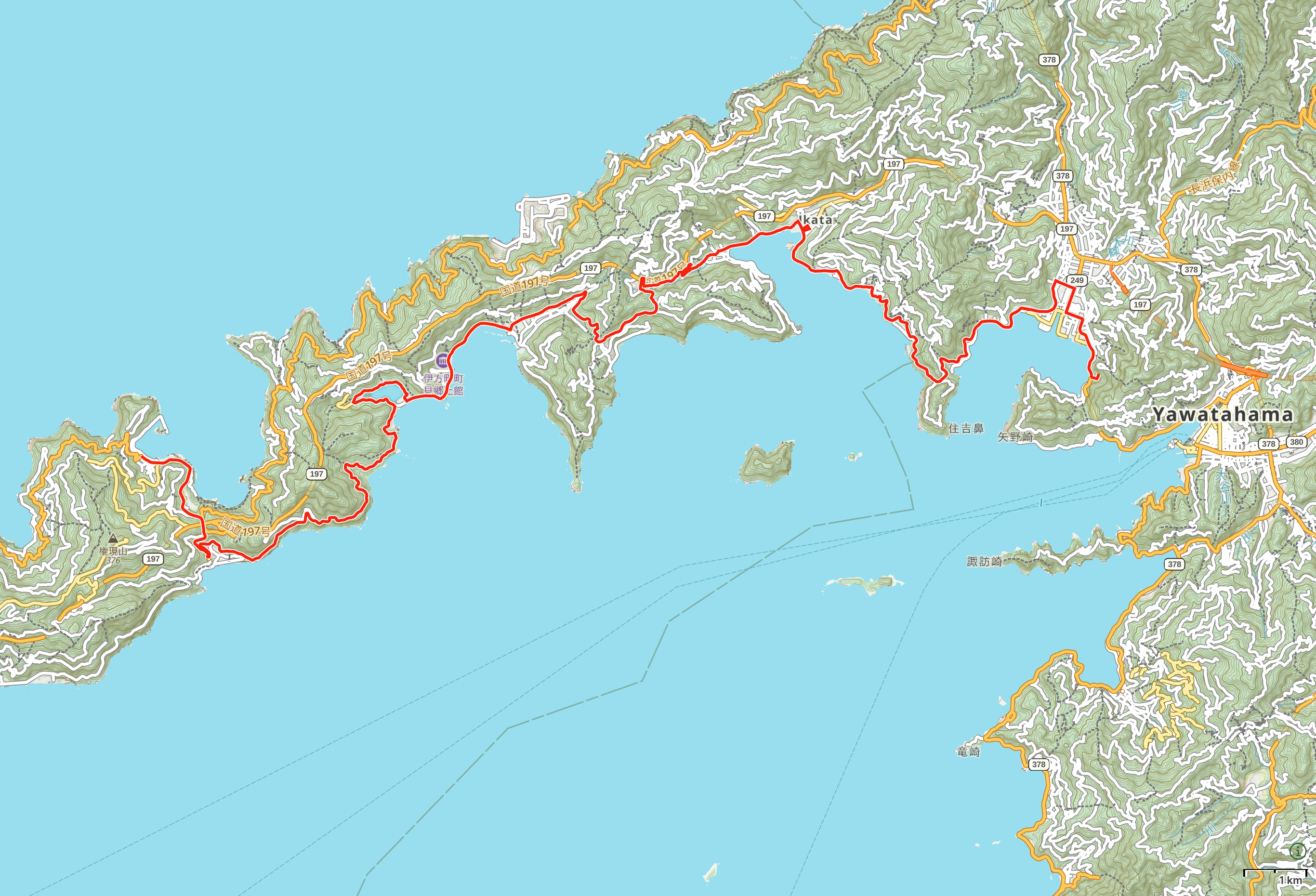 Map of Ehime Prefecture with author’s route between Honai and Mitsukue highlighted.