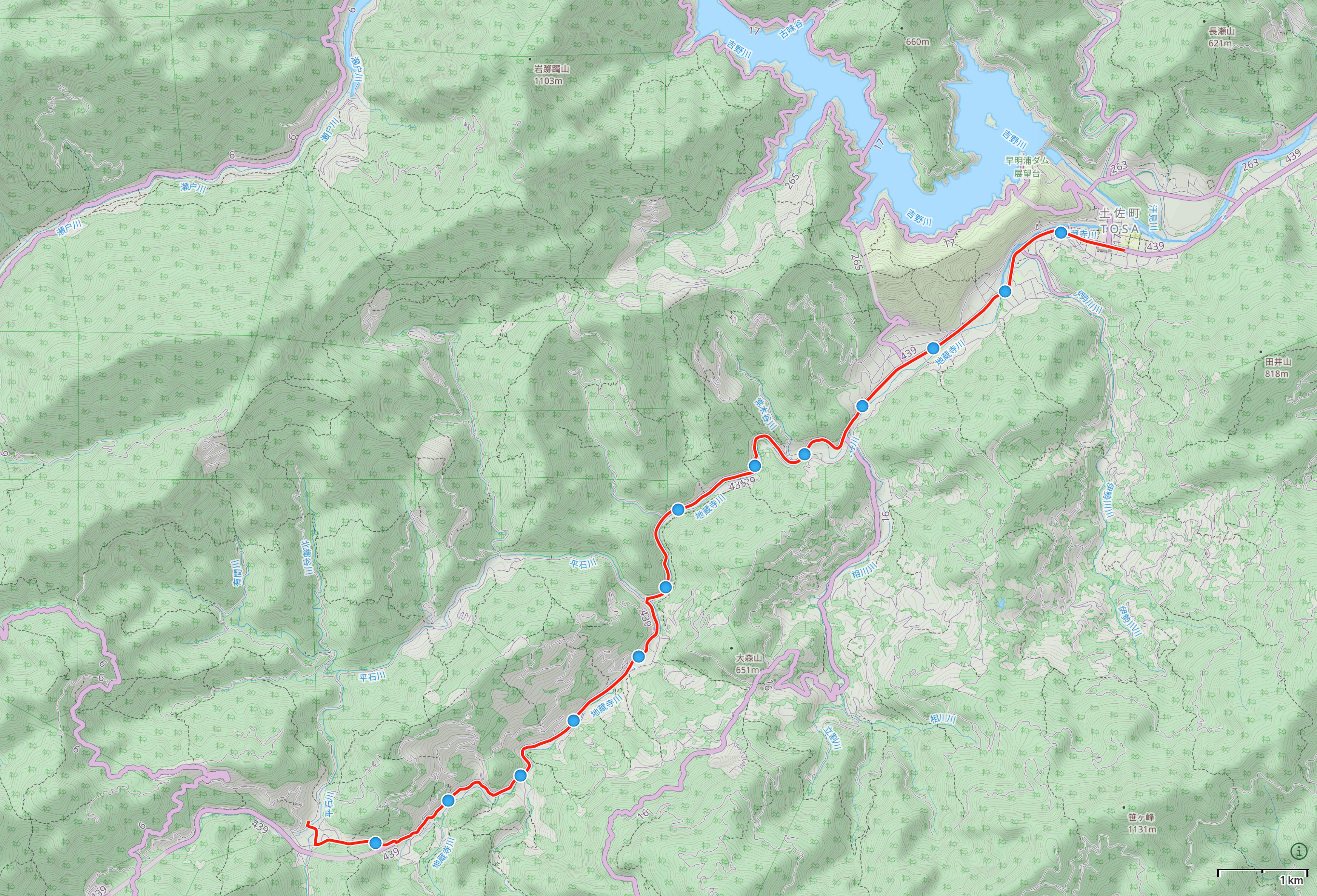 Map of Kōchi Prefecture with author’s route between West Ishihara and Tosa highlighted.