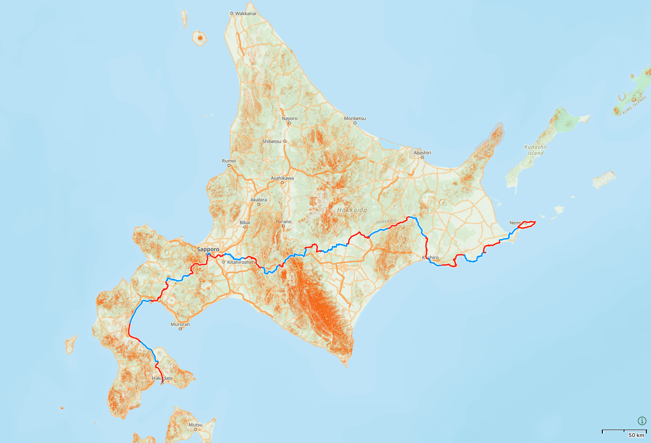 Map of Hokkaido with the route of “These Walking Dreams” highlighted.