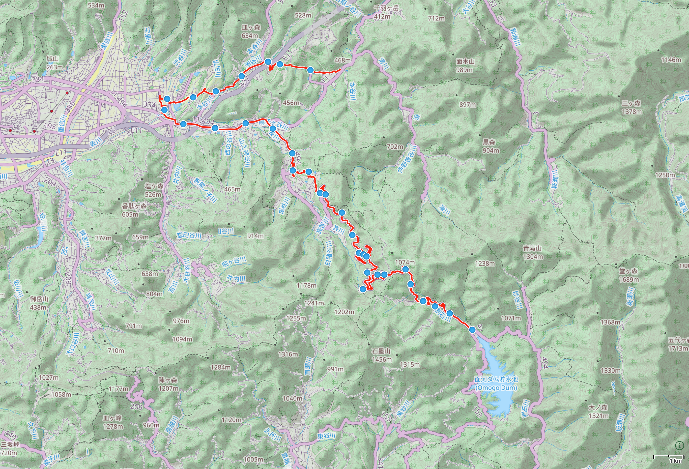 Map of Ehime Prefecture with author’s route between Namegawa and Kasagata highlighted.