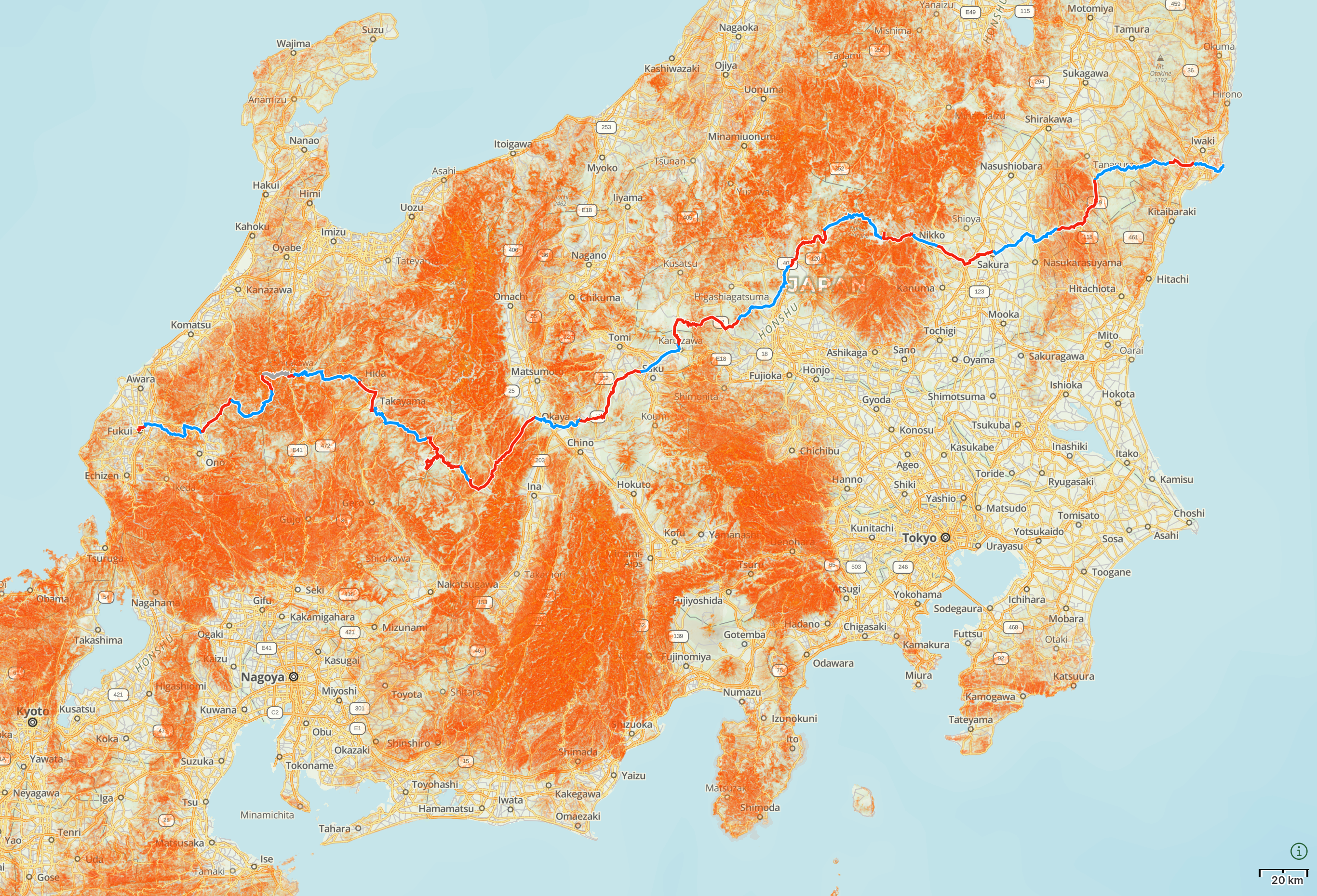 Map of Chūbu (Central Honshu) with the route of “These Walking Dreams” highlighted.