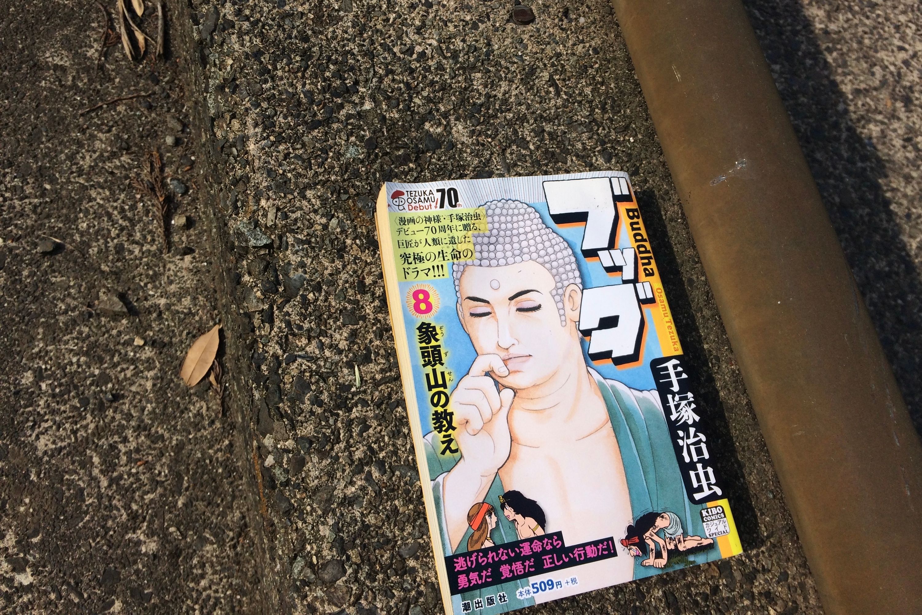 An issue of a manga comic lies on the ground, it is about a contemporary representation of the Buddha.