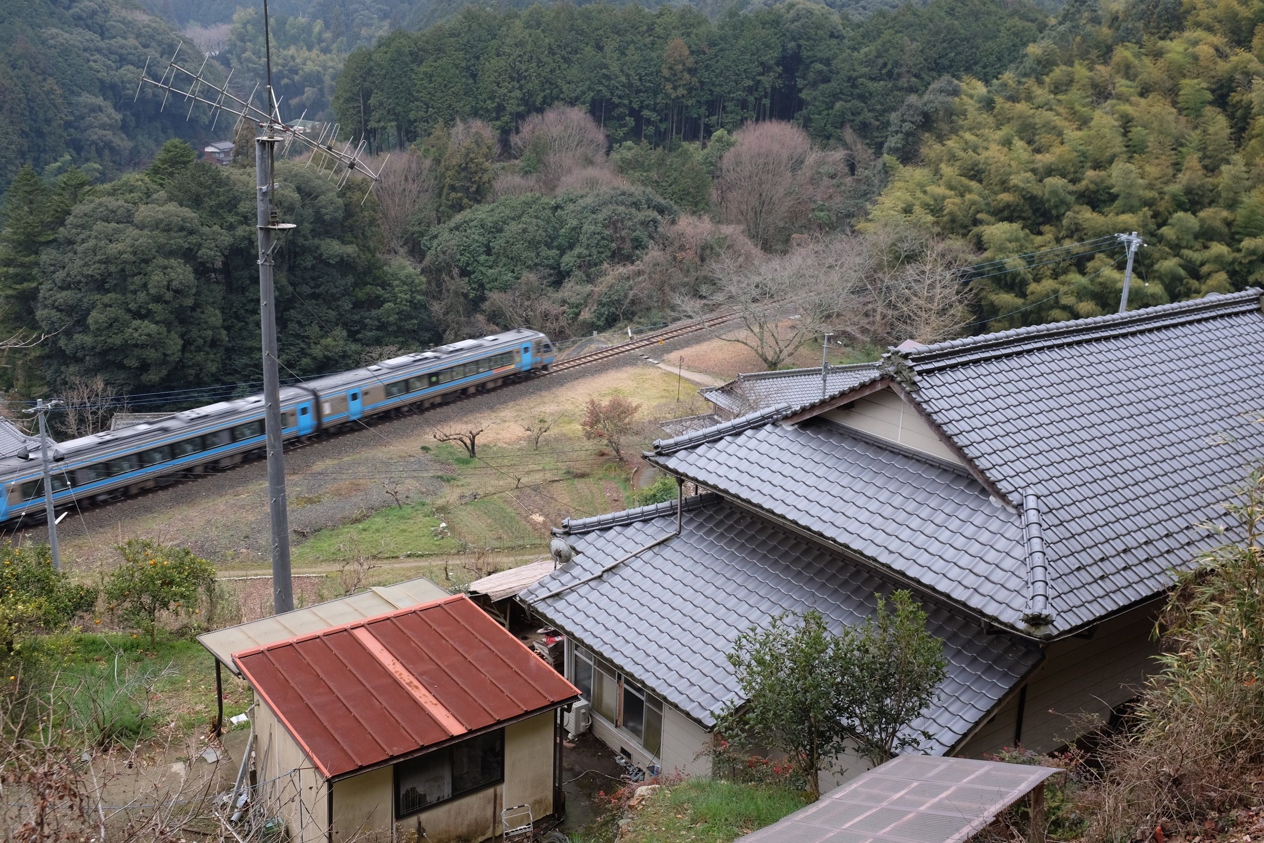 A blue express train passes a Japanese house in the hills.