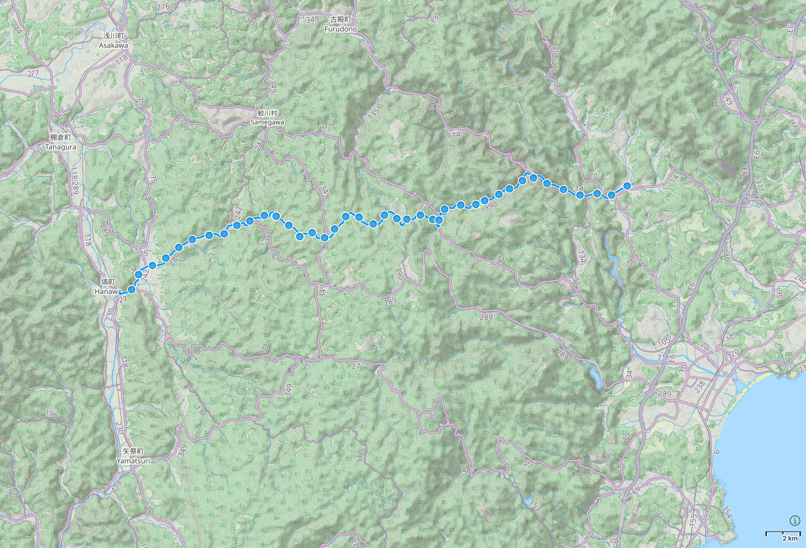 Map of Fukushima with author’s route from Hanawa to Tōno highlighted.