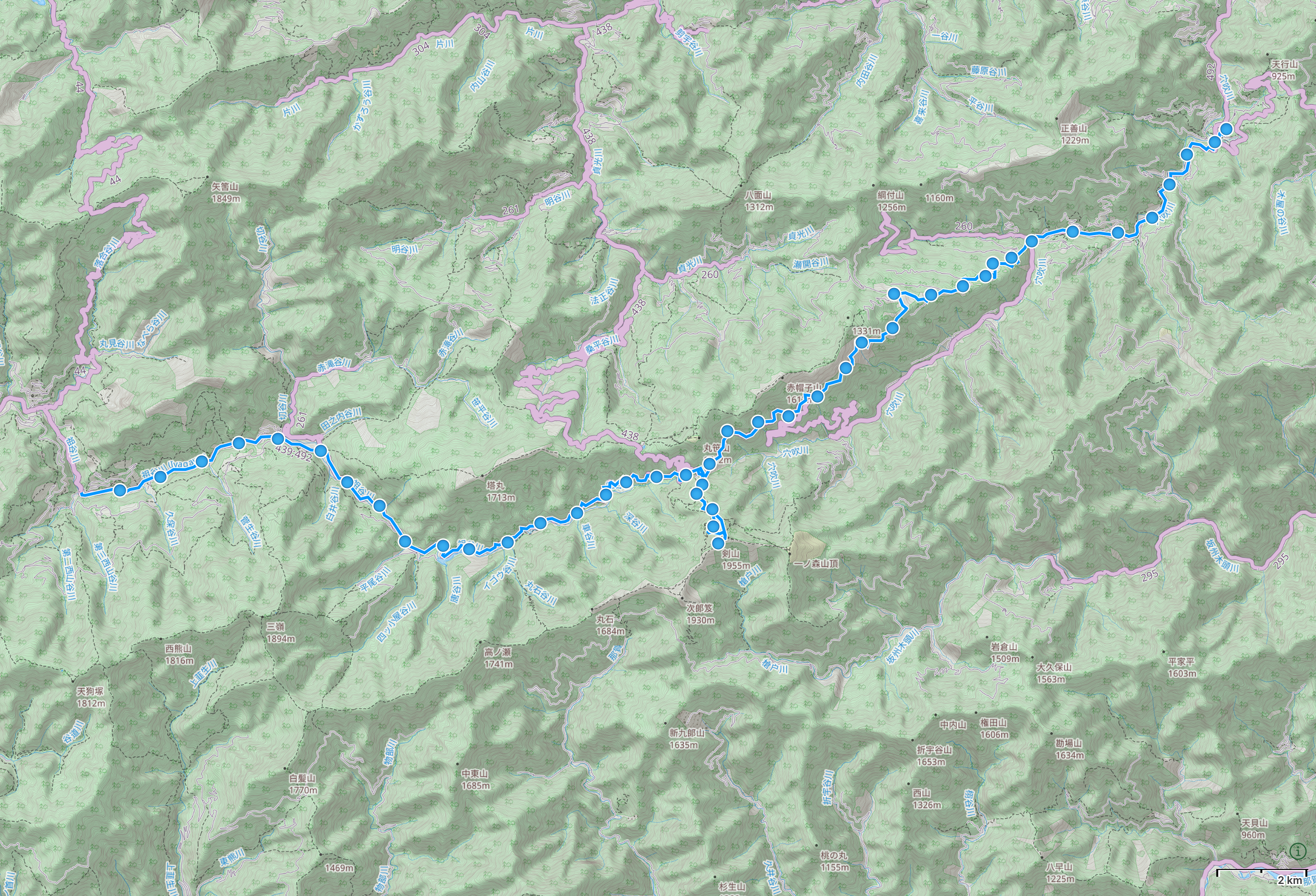 Map of Tokushima Prefecture with author’s route between Kubo and Kawai highlighted.