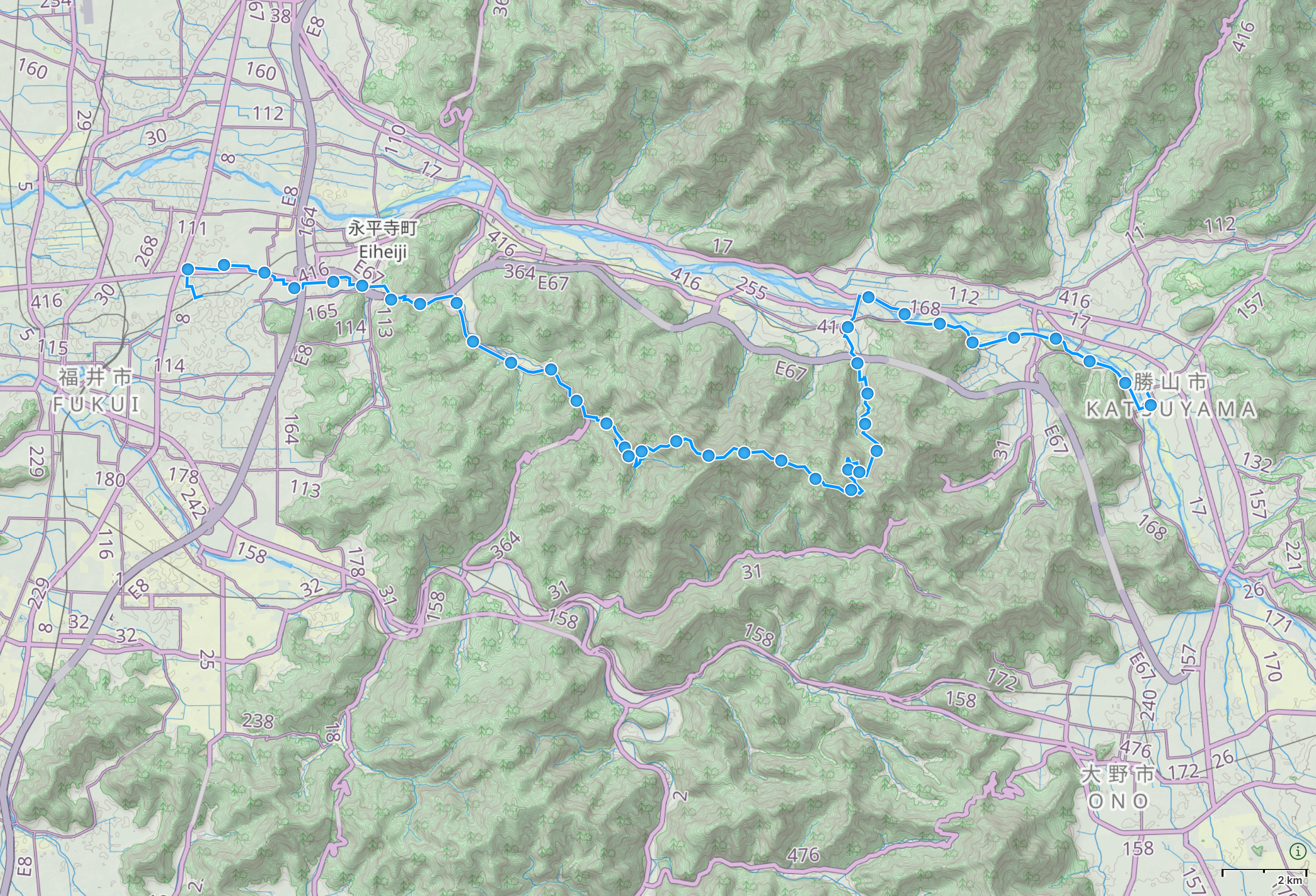 Map of Fukui Prefecture with author’s route from Fukui City to Katsuyama highlighted.