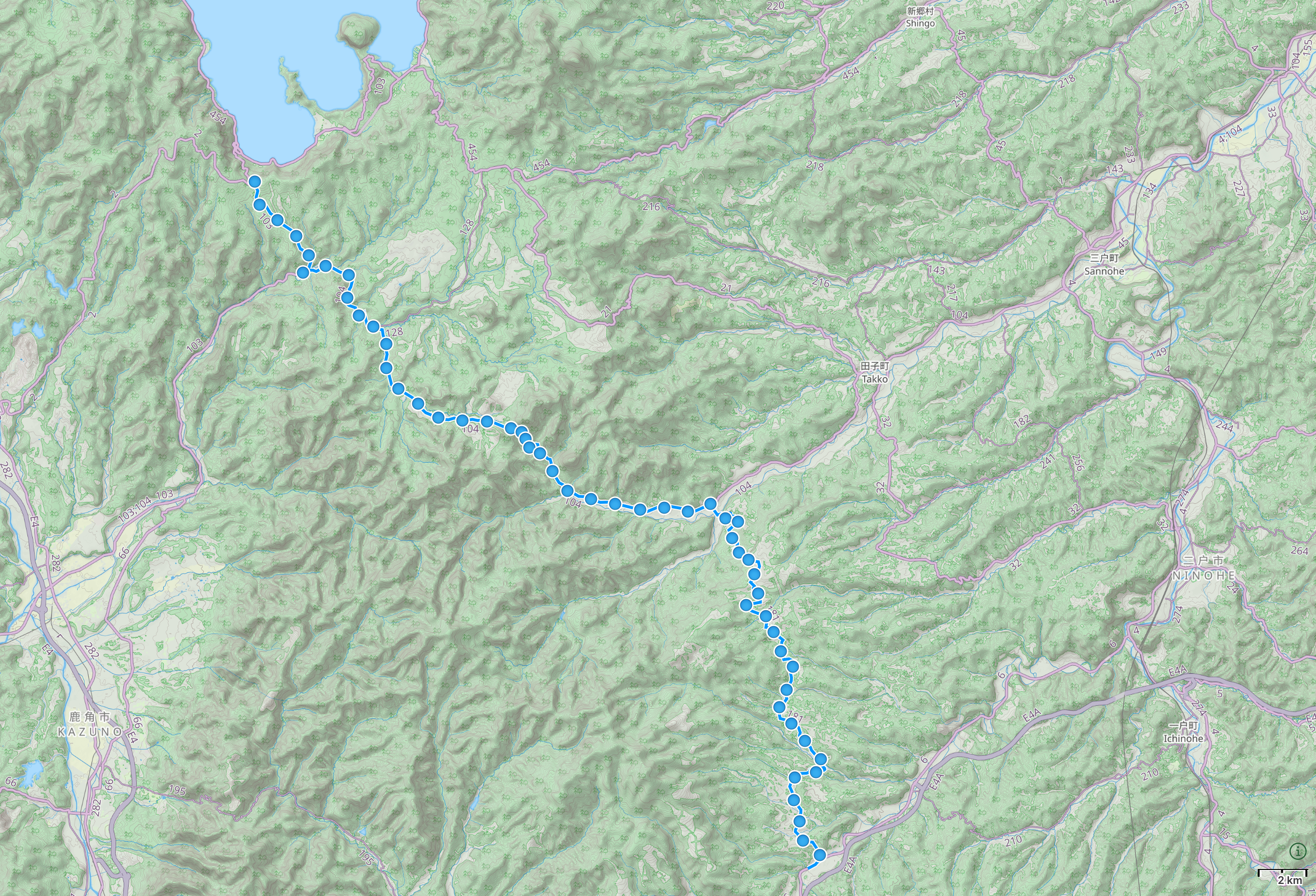 Map of Tōhoku with author’s route from Jōbōji, Iwate to Lake Towada highlighted.