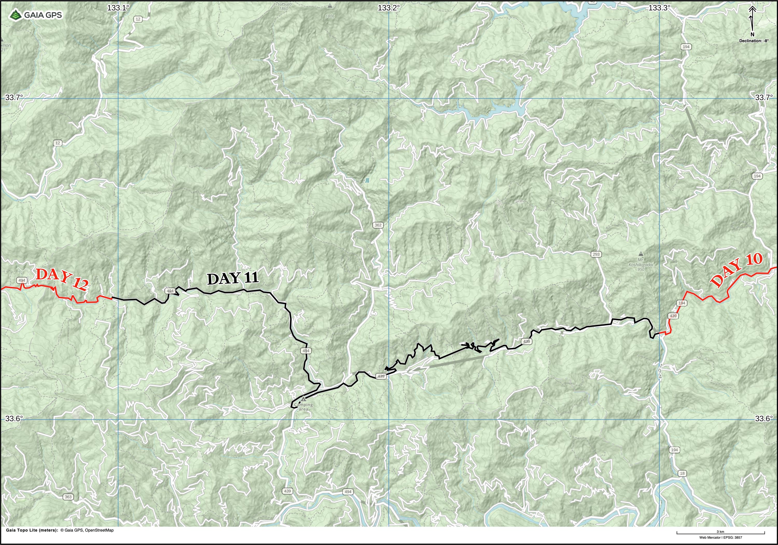 Map of Kōchi Prefecture with author’s route between Gohoku and Mochii highlighted.