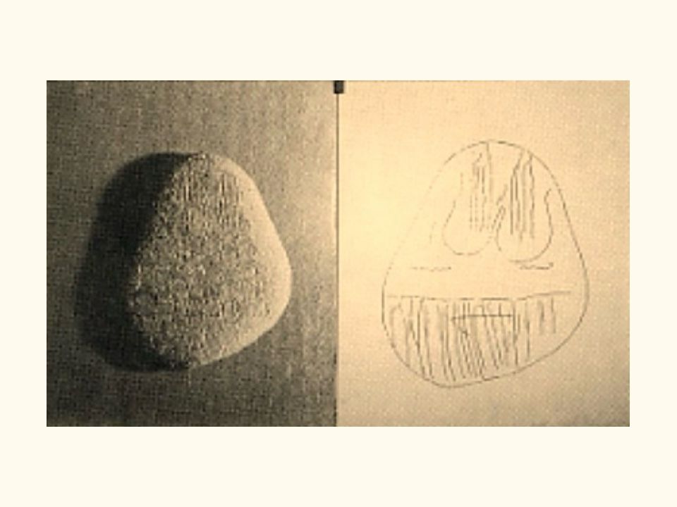 A side-by-side comparison showing a 12,000-year-old “Goddess Stone” from Japan. The left panel is a black and white photograph of the actual chlorite schist river stone, which is roughly teardrop or pear-shaped, approximately 4.5 cm long, with a mottled, textured surface. Faint carved lines are visible on the stone’s surface. The right panel shows a detailed line drawing of the same stone that clarifies the engraved imagery: it depicts a nude female figure with hair hanging down to both shoulders and cheeks, U-shaped breasts, and what appears to be a loincloth or lower garment. The drawing makes the carved details much more visible than in the photograph, showing the full outline of the human figure that was etched into the stone surface 12,000 years ago.