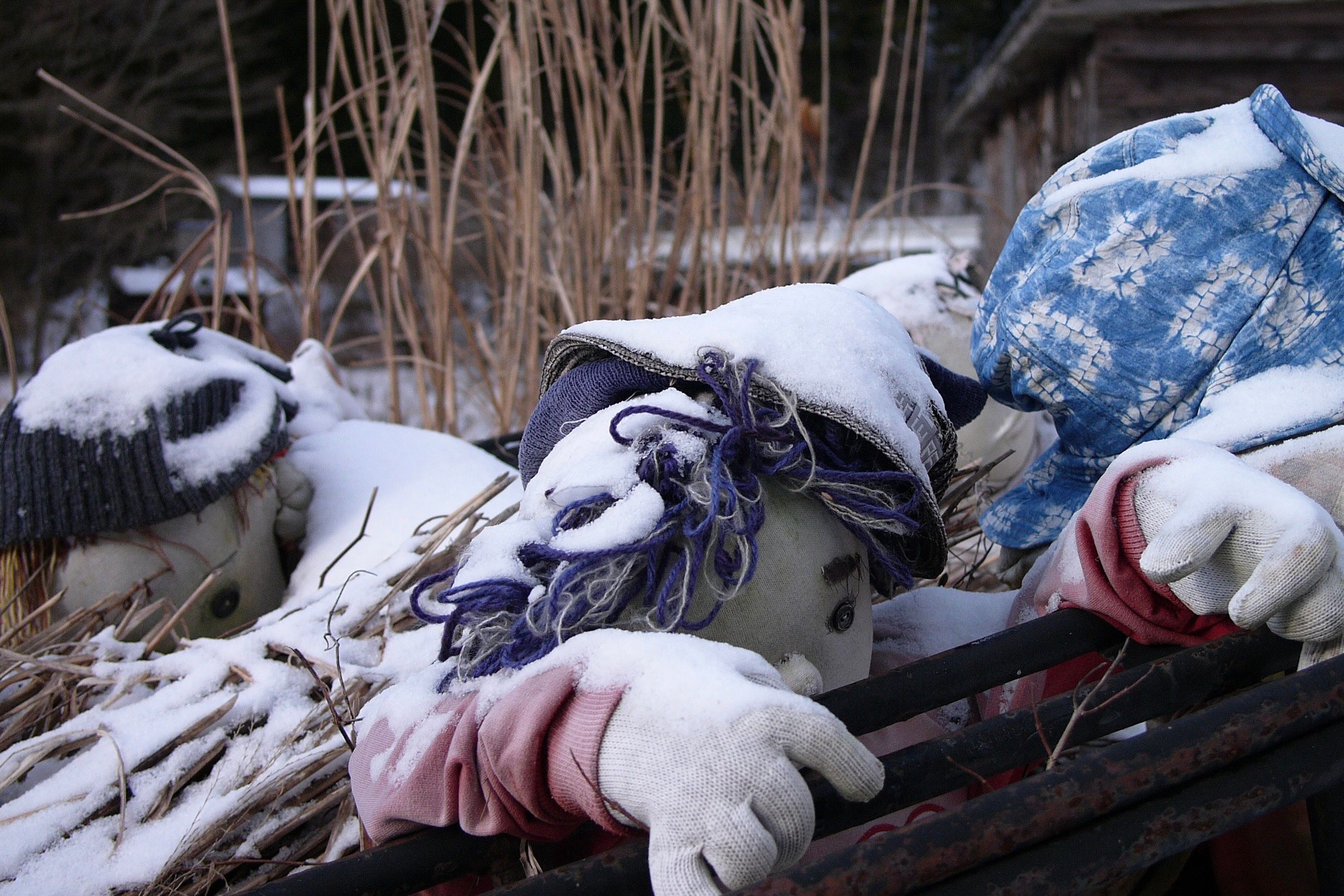 Doll children in a cart, covered in snow.