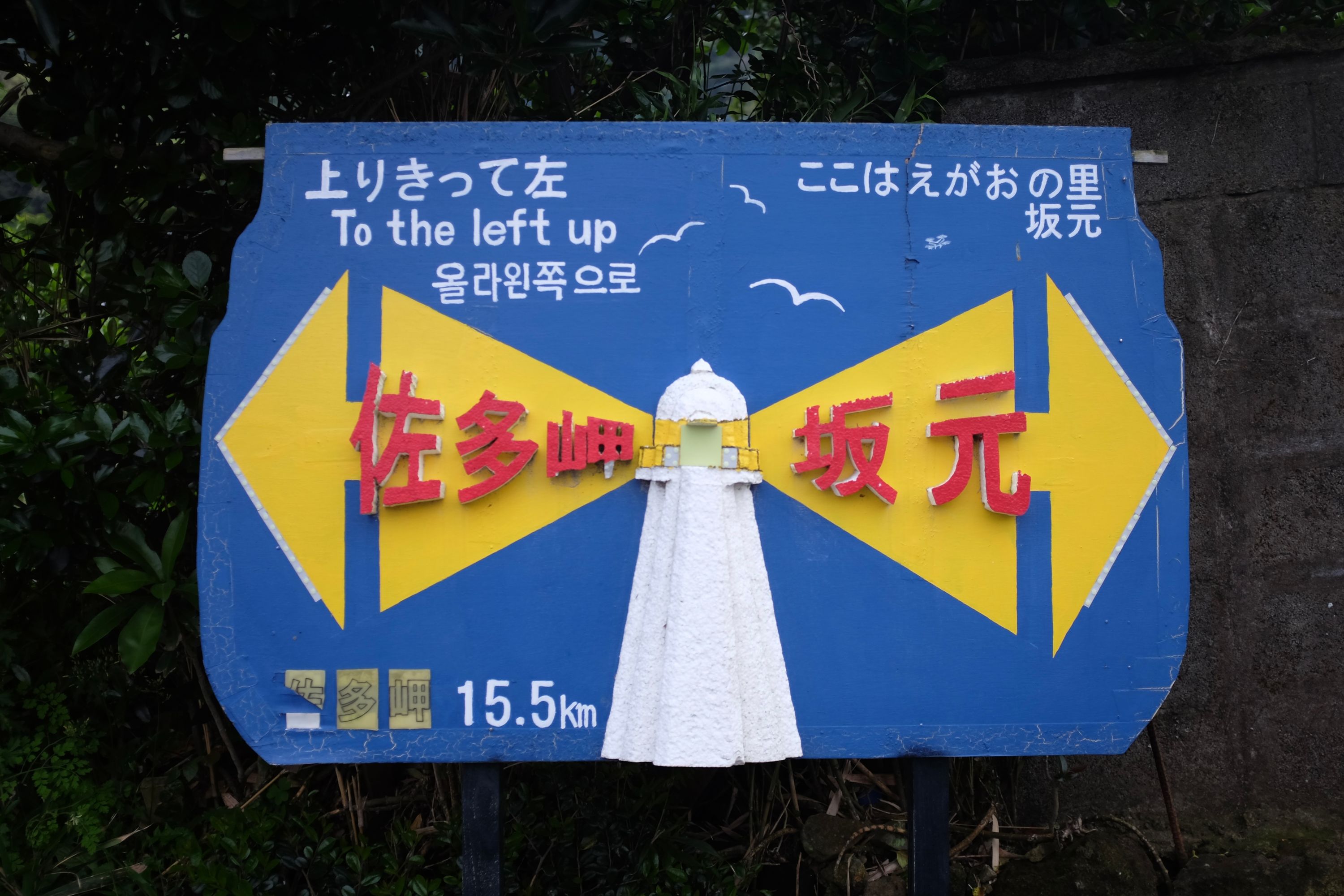 A handcrafted-looking road sign pointing to Cape Sata.