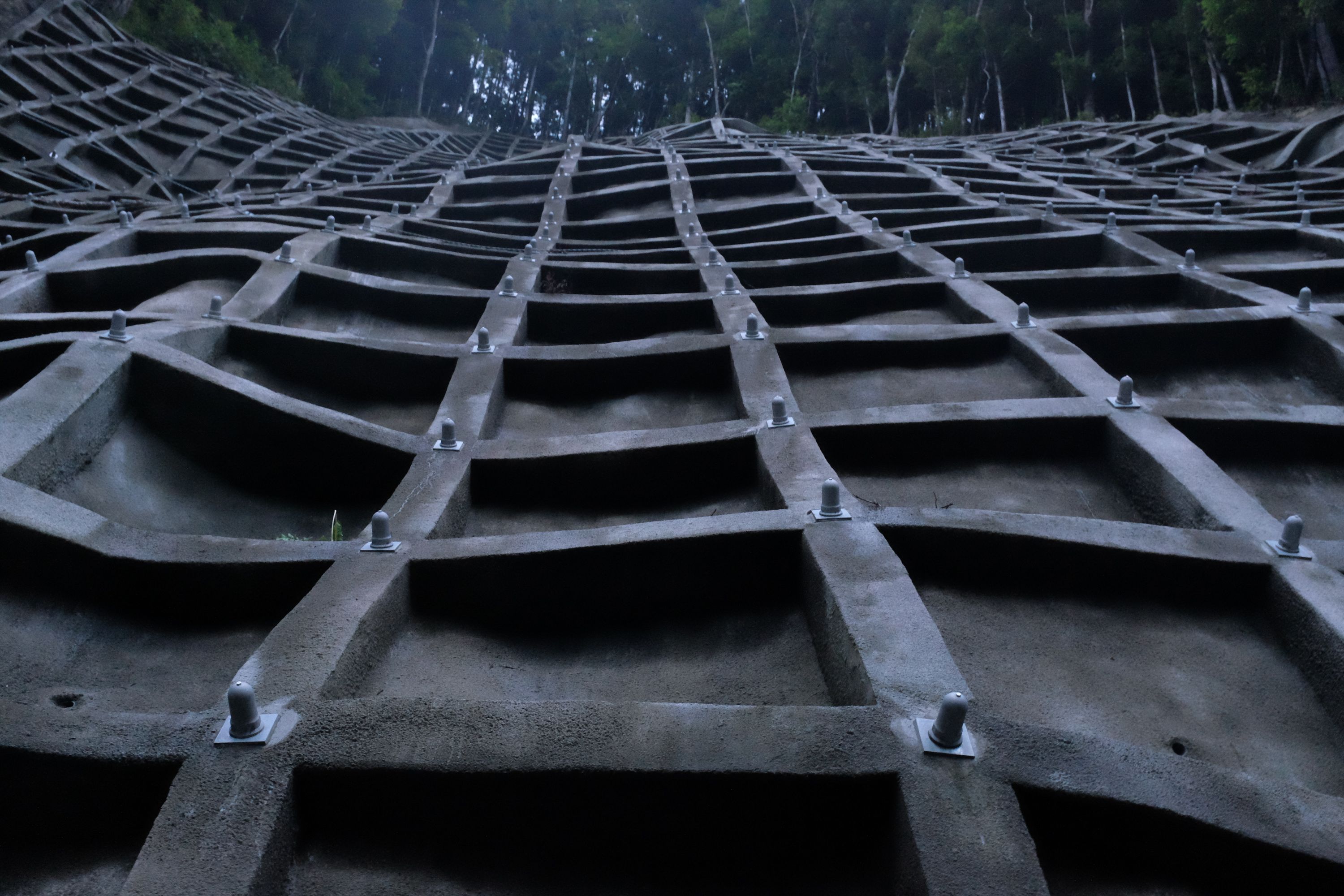 Looking up at a concrete supporting wall.