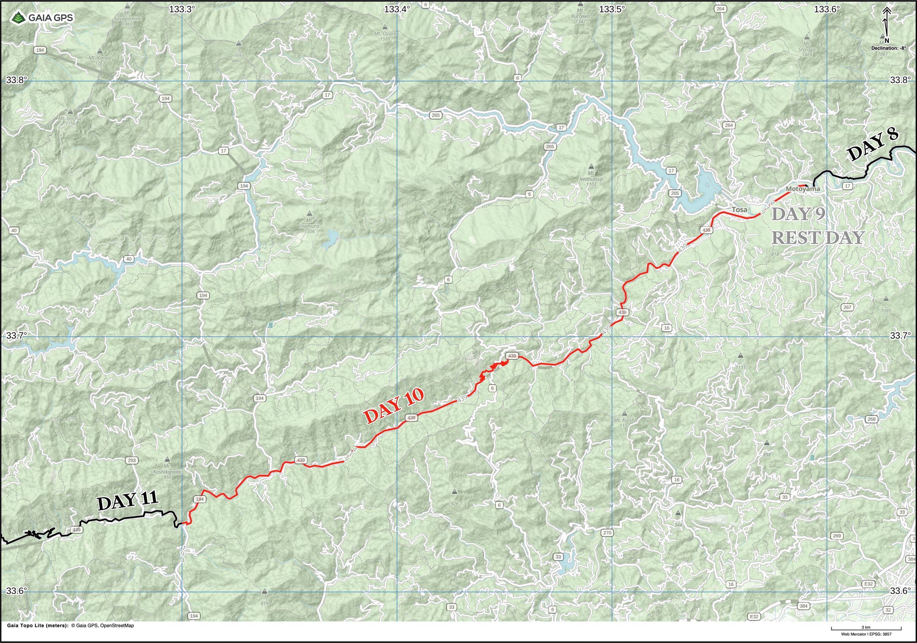 Map of Kōchi Prefecture with author’s route between Tosa and Gohoku highlighted.