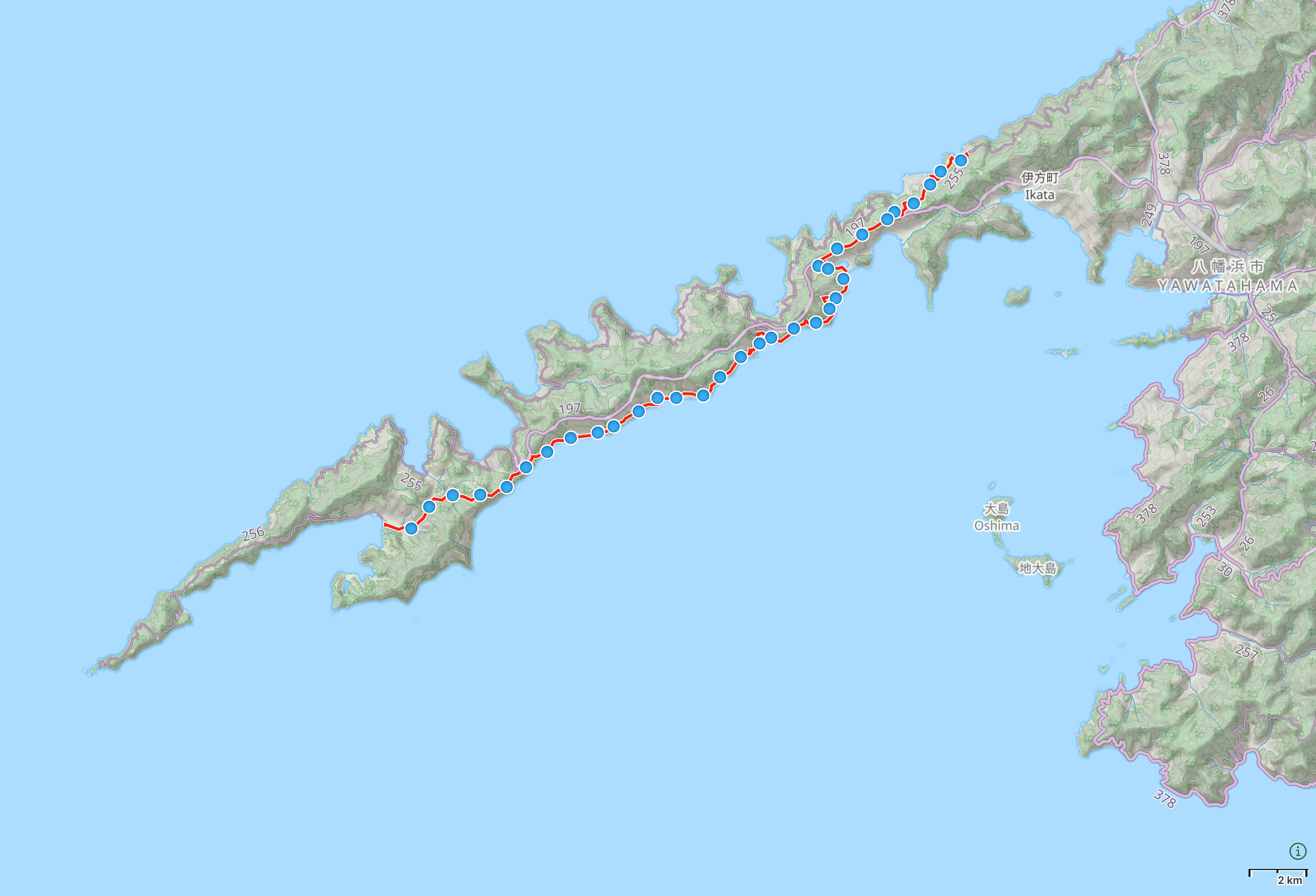 Map of Sadamisaki Peninsula with author’s route between Misaki and Kameura highlighted.