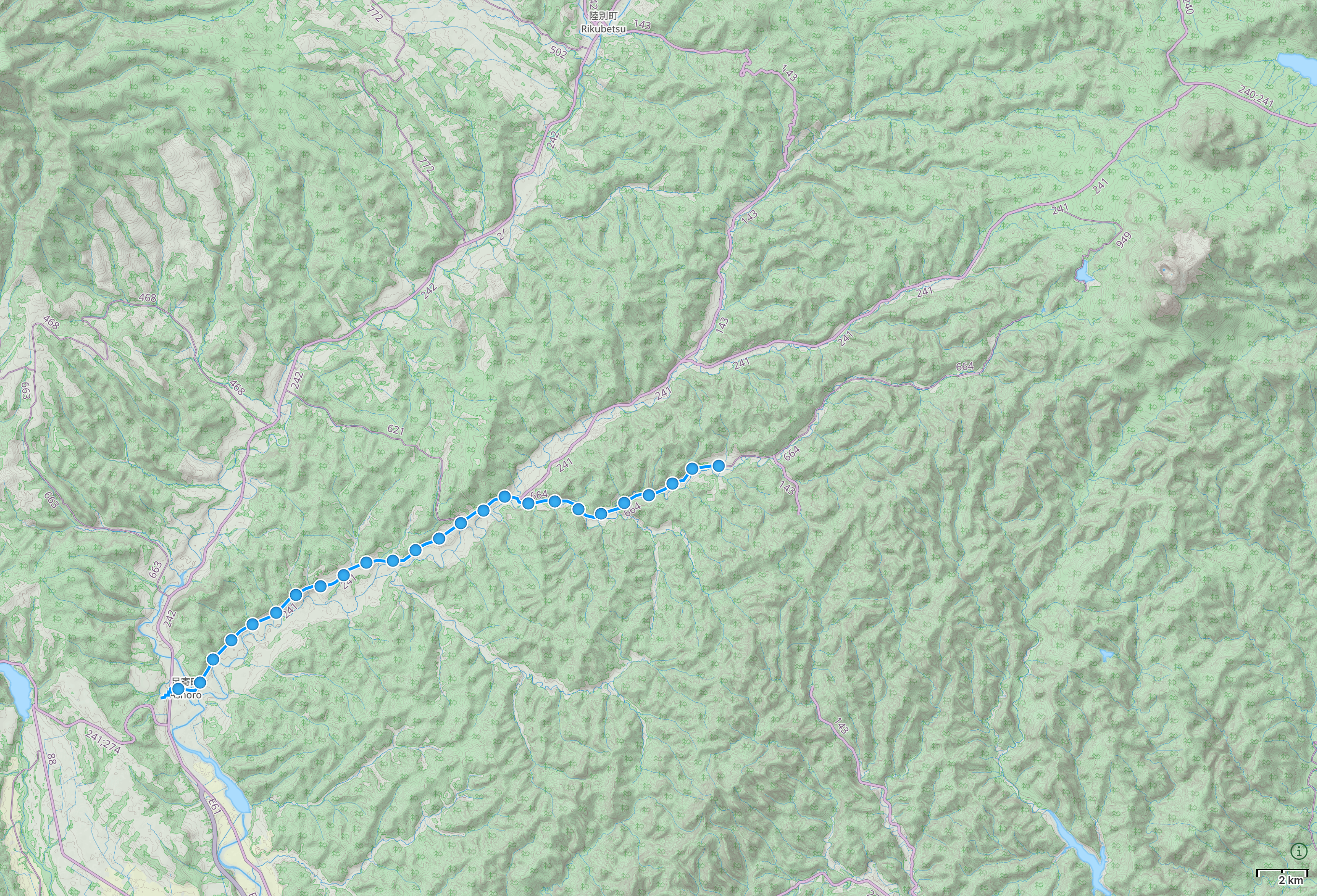 Map of Hokkaido with author’s route from Ashoro to Upper Rawan highlighted.