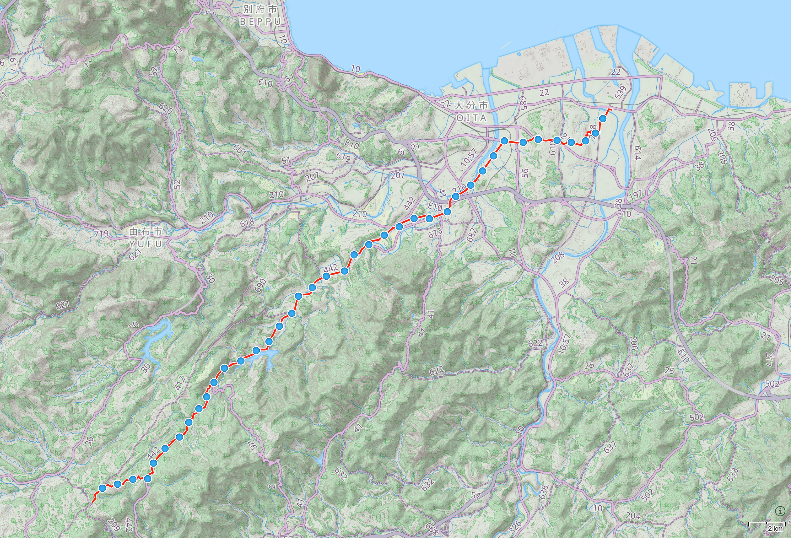 Map of Ōita Prefecture with author’s route from Kamitsutsumi to Ōita City highlighted.