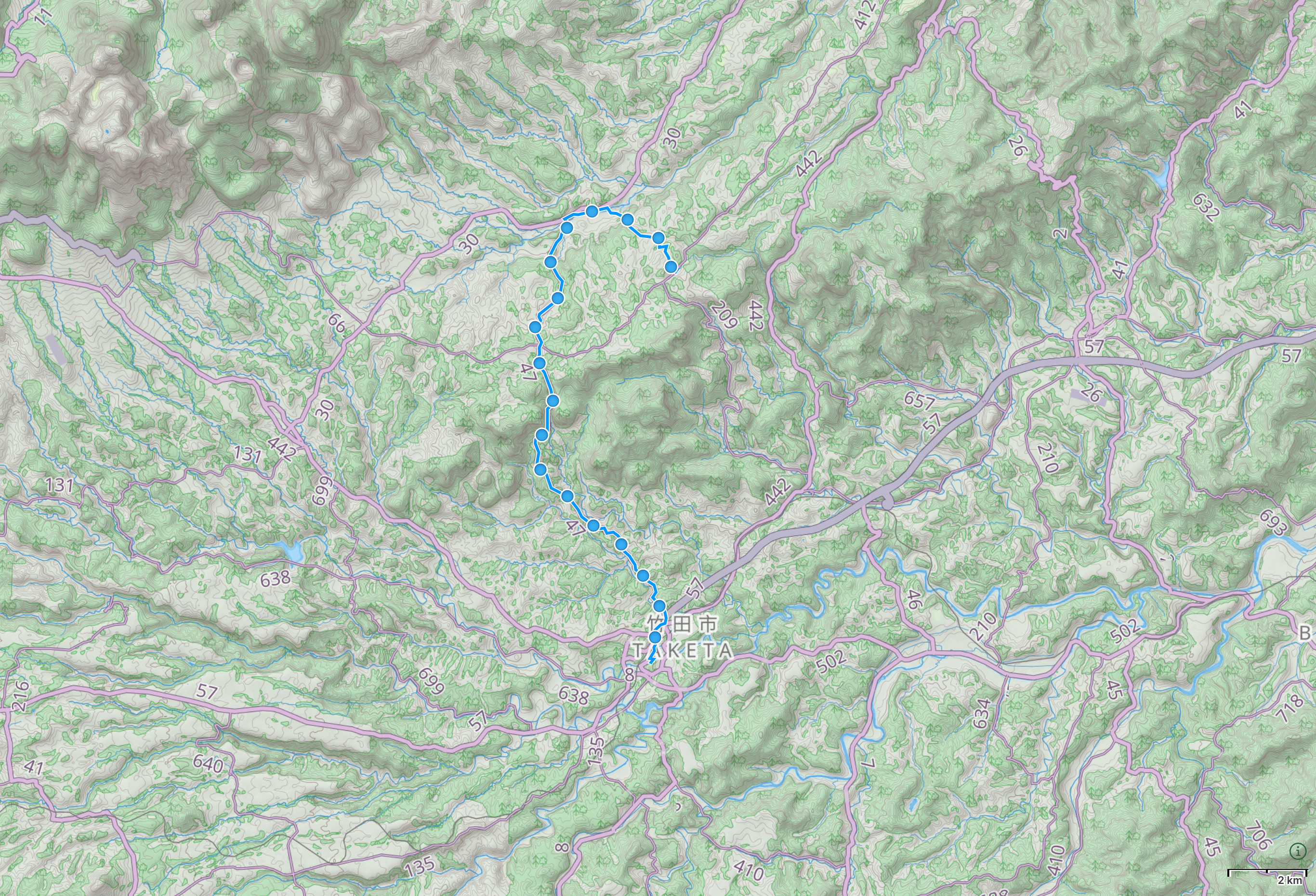 Map of Ōita Prefecture with author’s route from Taketa to Kamitsutsumi highlighted.