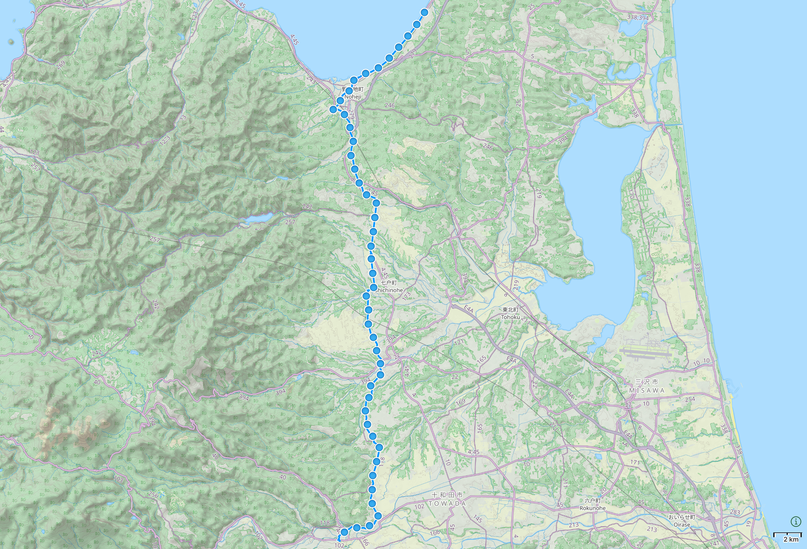 Map of Aomori prefecture with author’s route from Towada to Noheji highlighted.