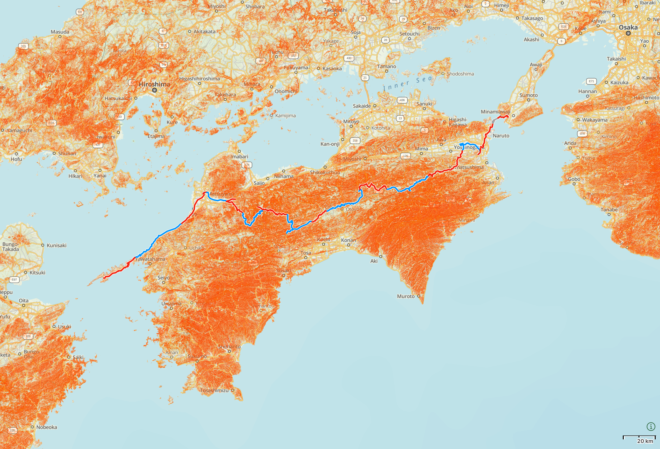 Map of Shikoku with the route of “These Walking Dreams” highlighted.