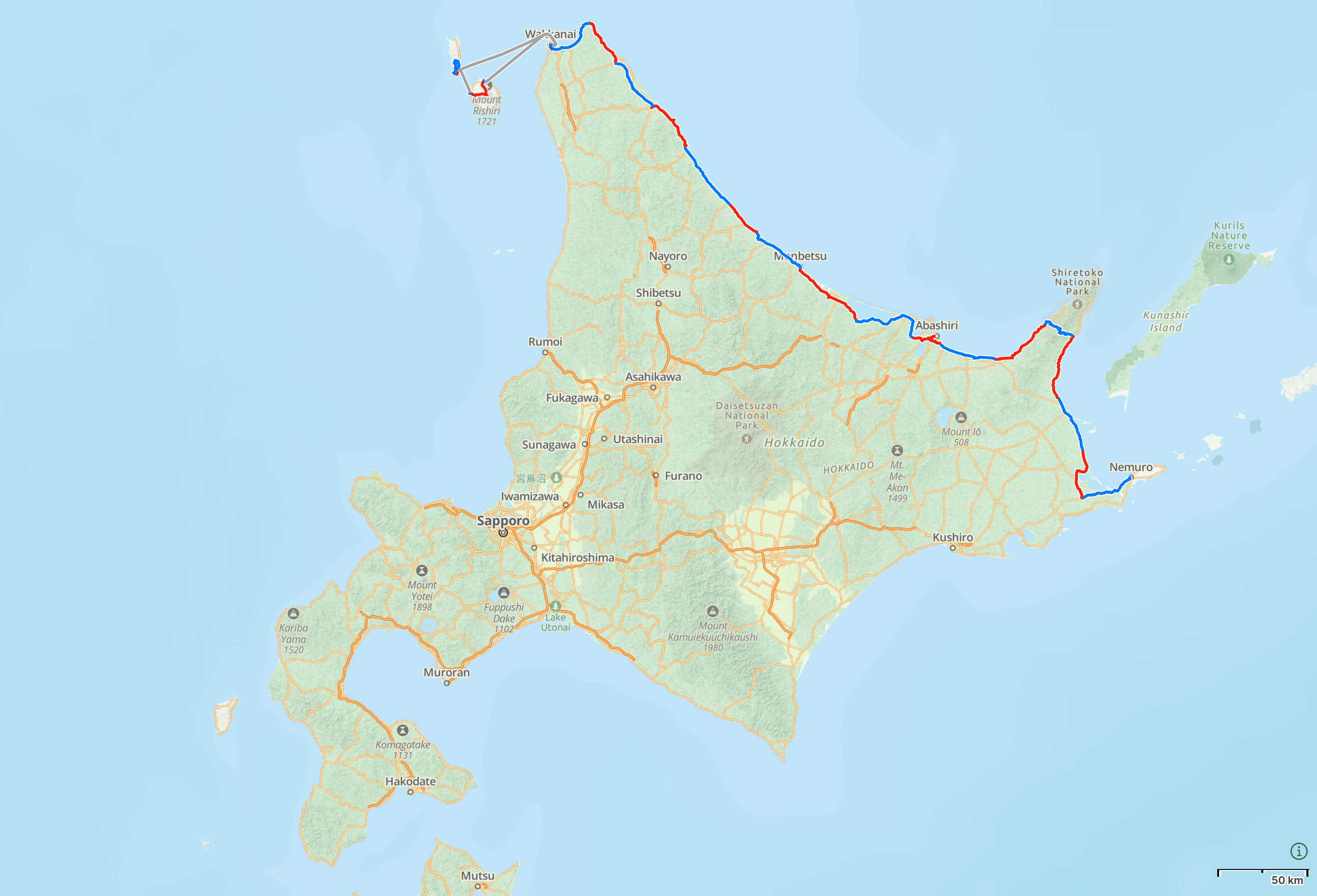 Map of Hokkaido with the route of “Human Again” highlighted.
