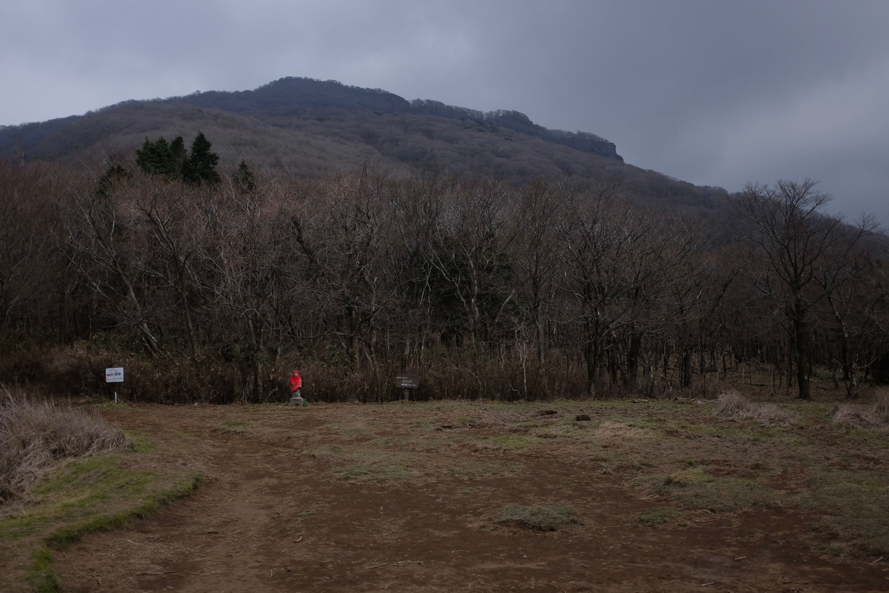 A small Buddhist statue stands in the distance in a clearing, the only color in a brown-grey mountain landscape.