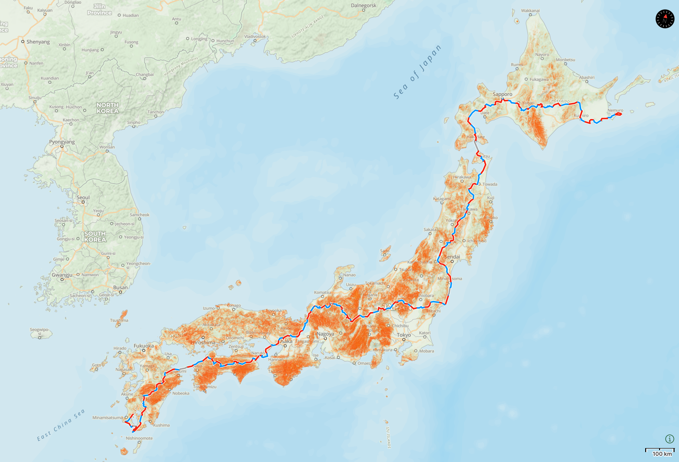 Map of Japan with the route of “These Walking Dreams” highlighted.