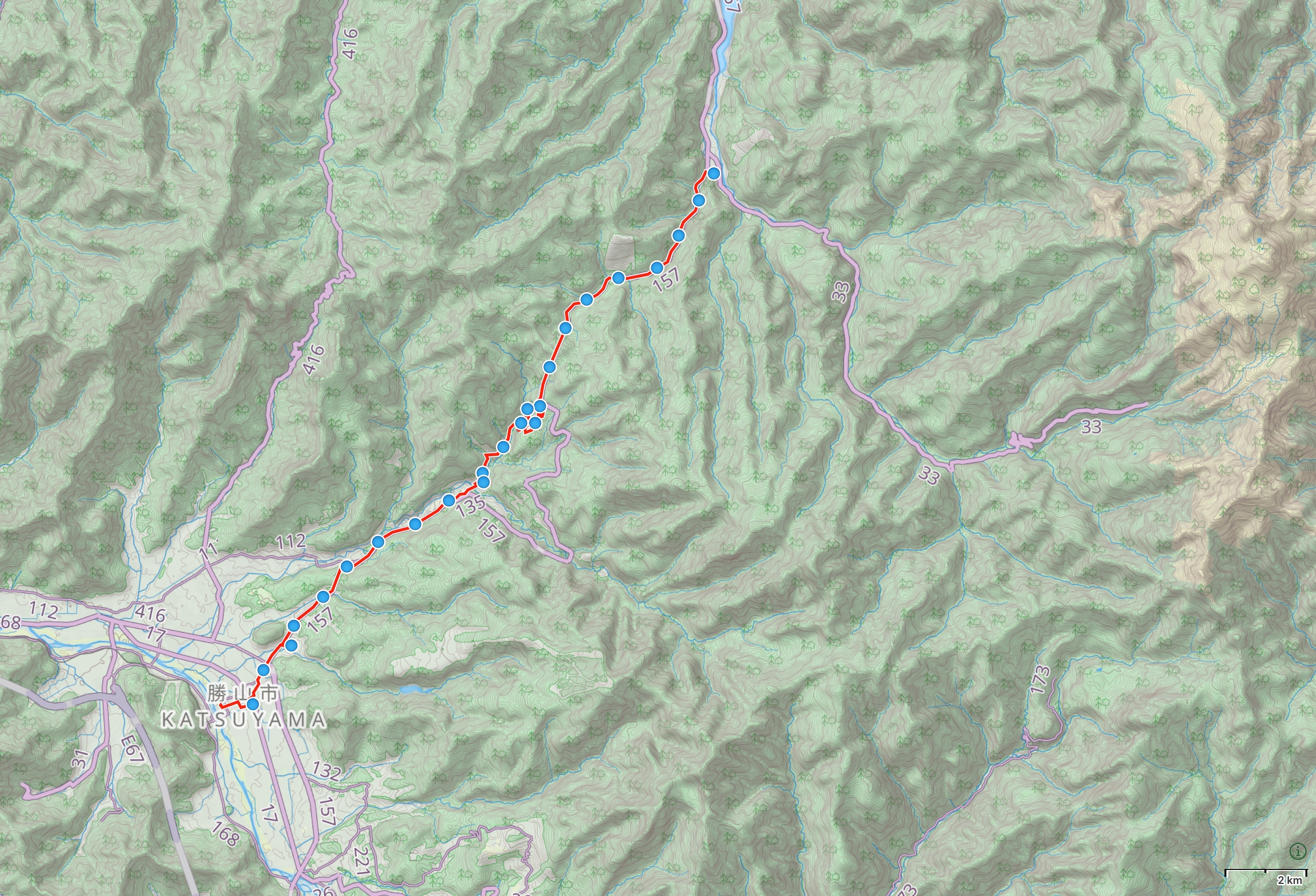 Map of Fukui and Ishikawa Prefectures with author’s route from Katsuyama to Shiramine highlighted.