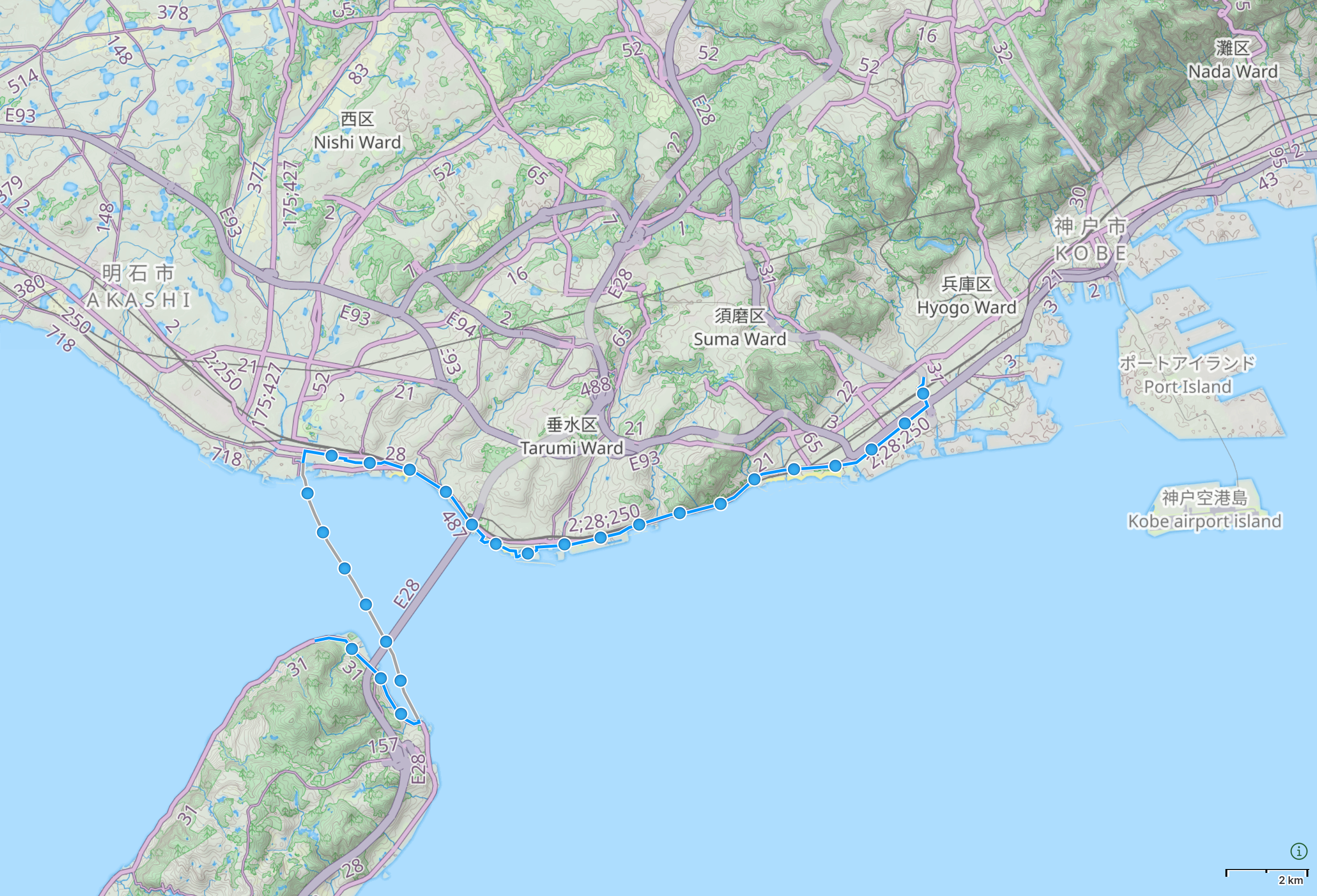 Map of the Akashi Strait area in Hyōgo Prefecture with author’s route between the Esaki Lighthouse and Kōbe highlighted.