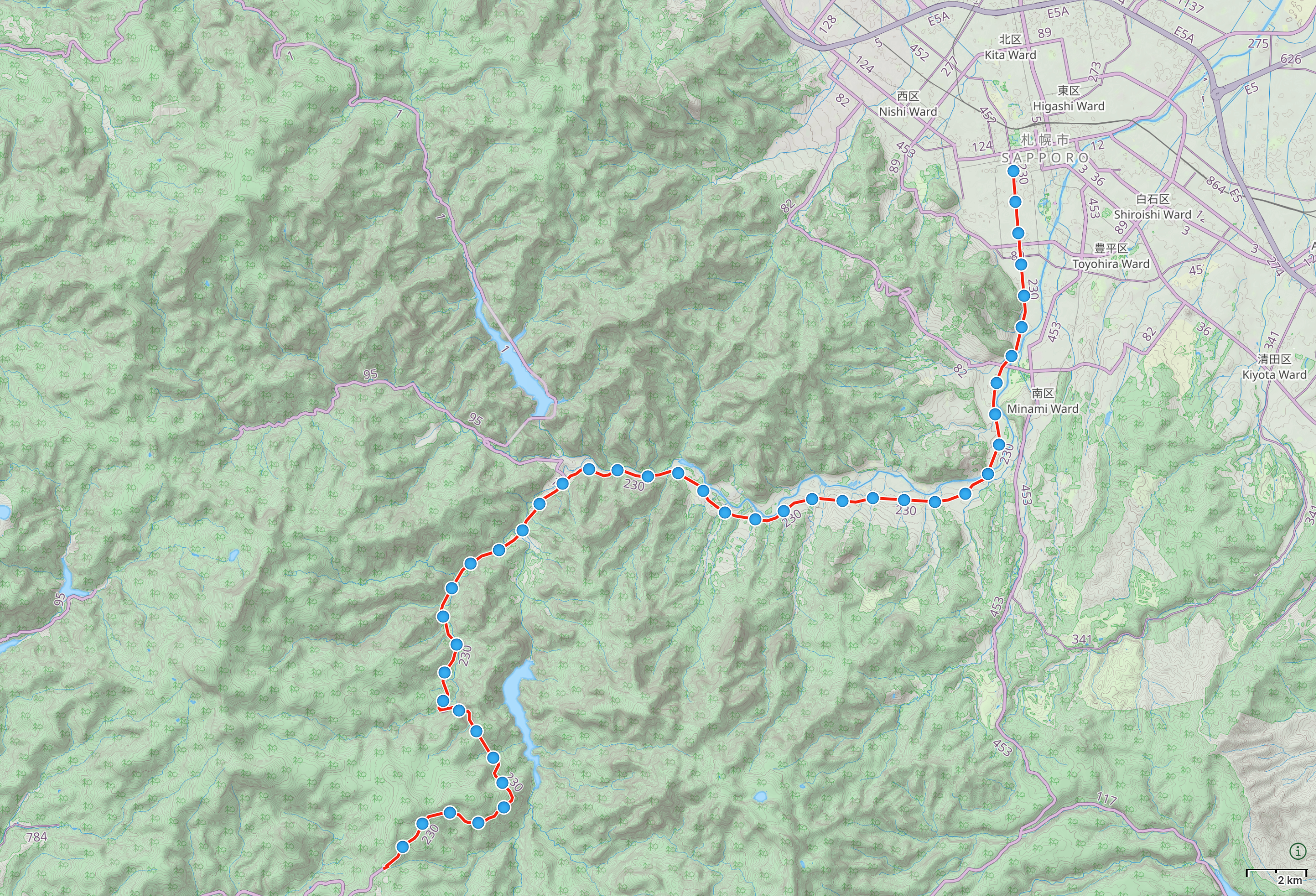 Map of Hokkaido with author’s route from Nakayama Pass to Sapporo highlighted.