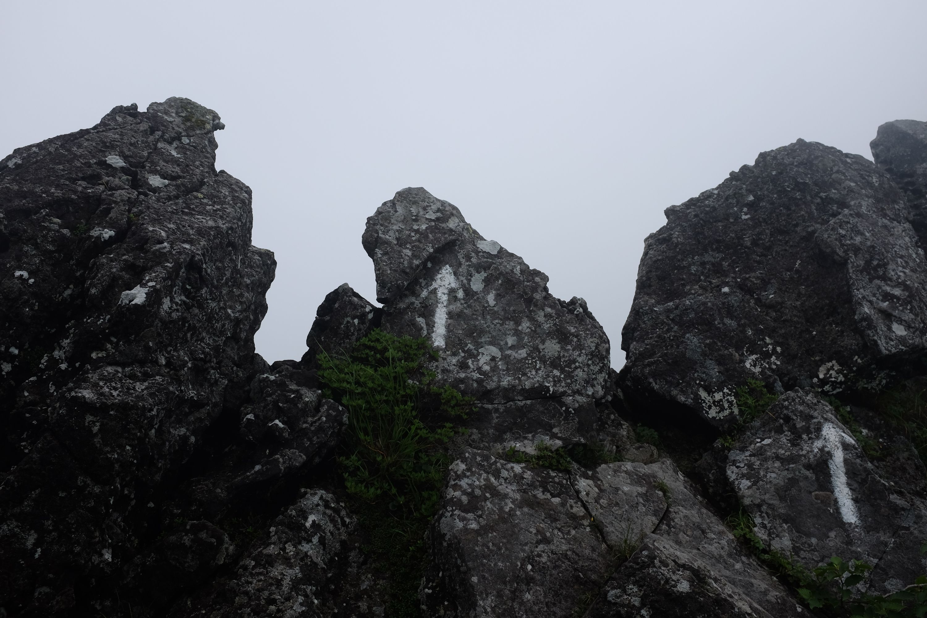 Two white up-arrows painted on black rocks point into a foggy void.