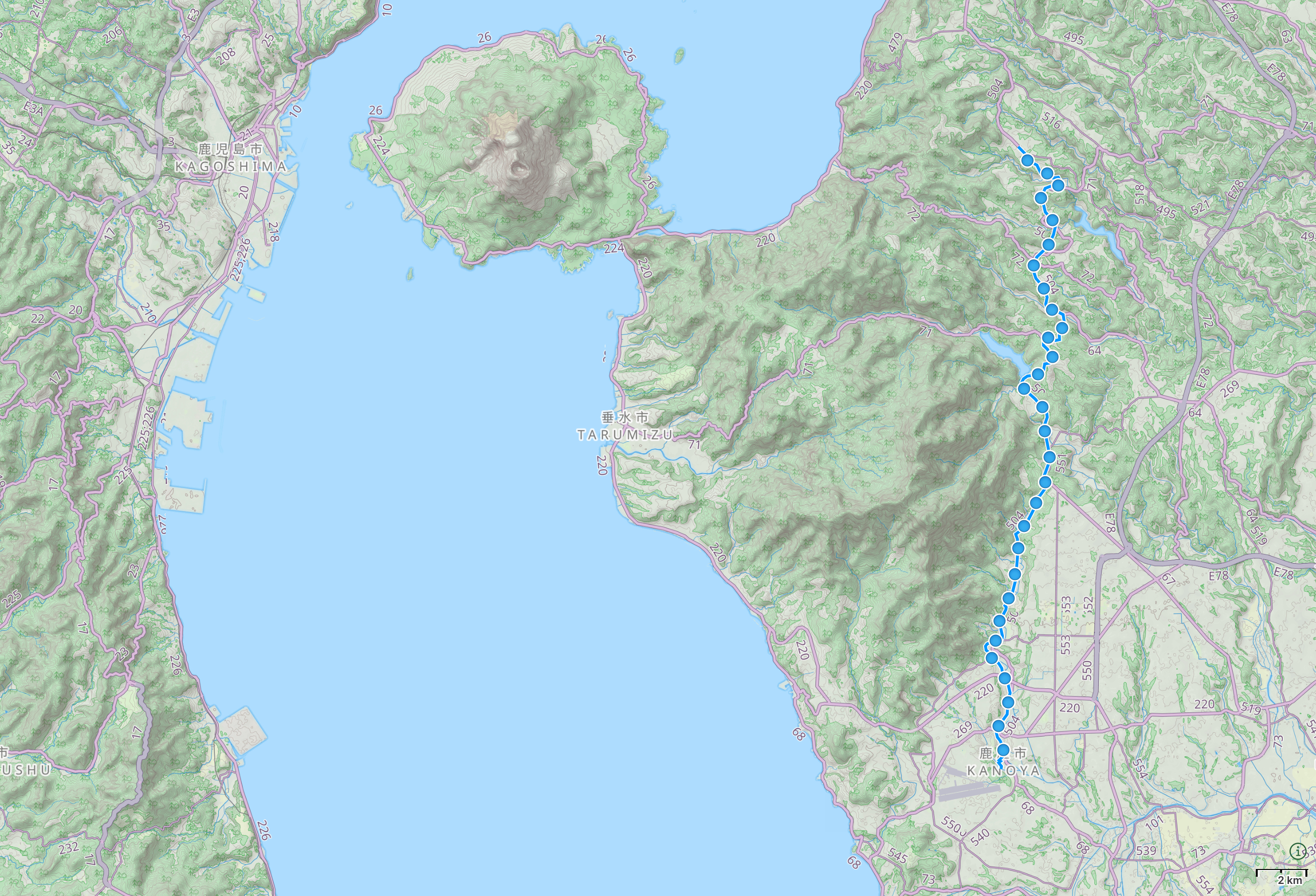 Map of Kagoshima Prefecture with author’s route from Kanoya to Kihoku highlighted.