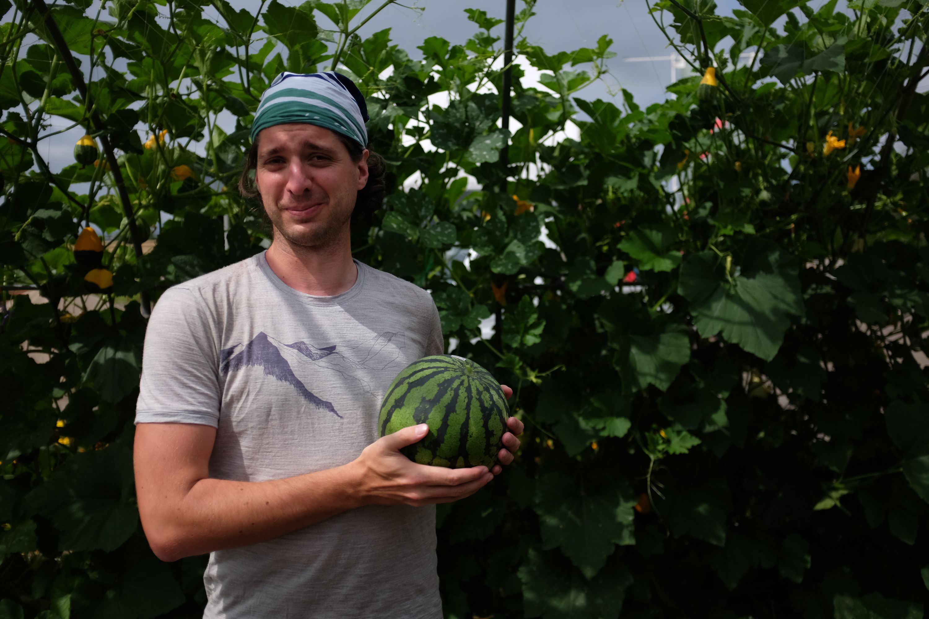 Gabor holds a small watermelon with a frown.