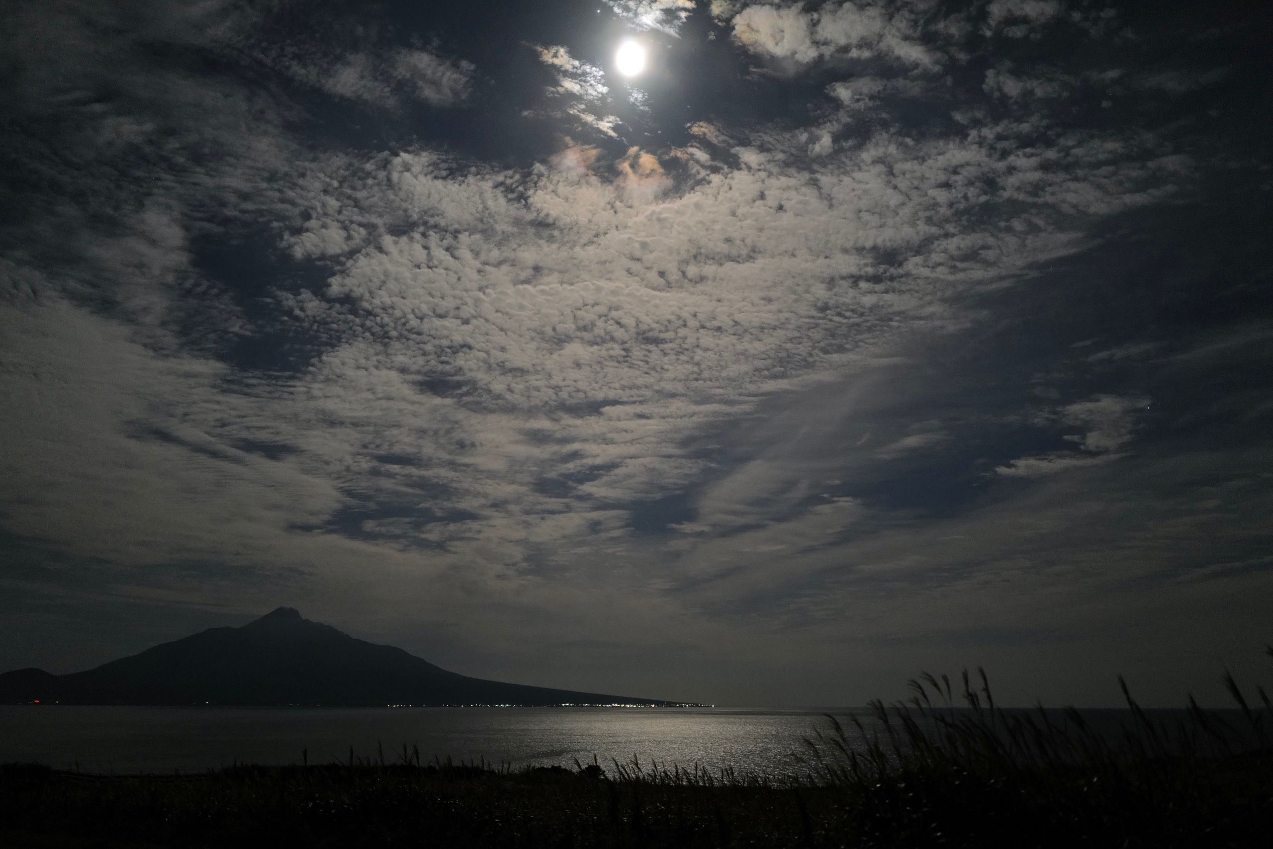 Mount Rishiri in the moonlight, as seen from across the Rebun Strait