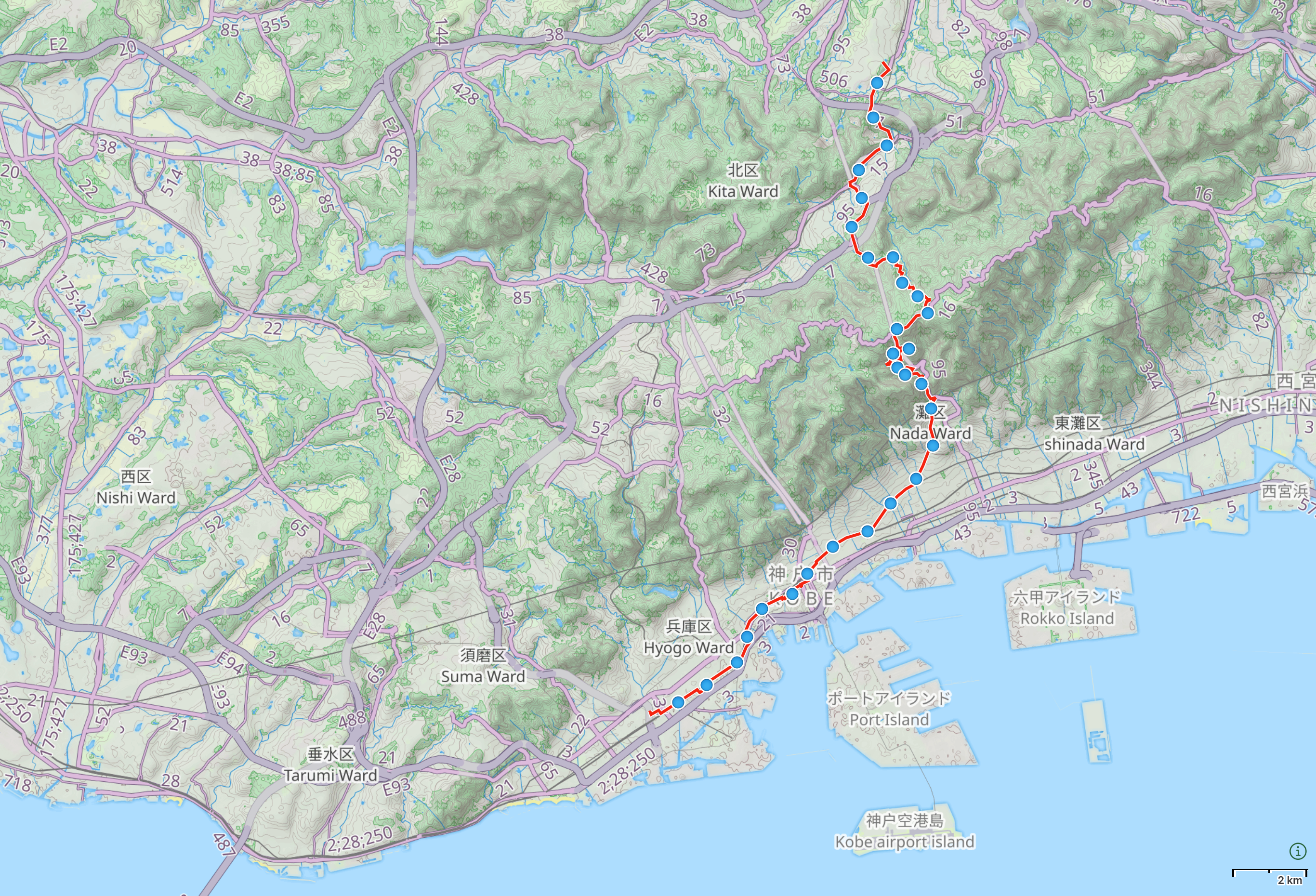 Map of Kōbe in Hyōgo Prefecture with author’s route between Nagata Ward and Kita Ward highlighted.